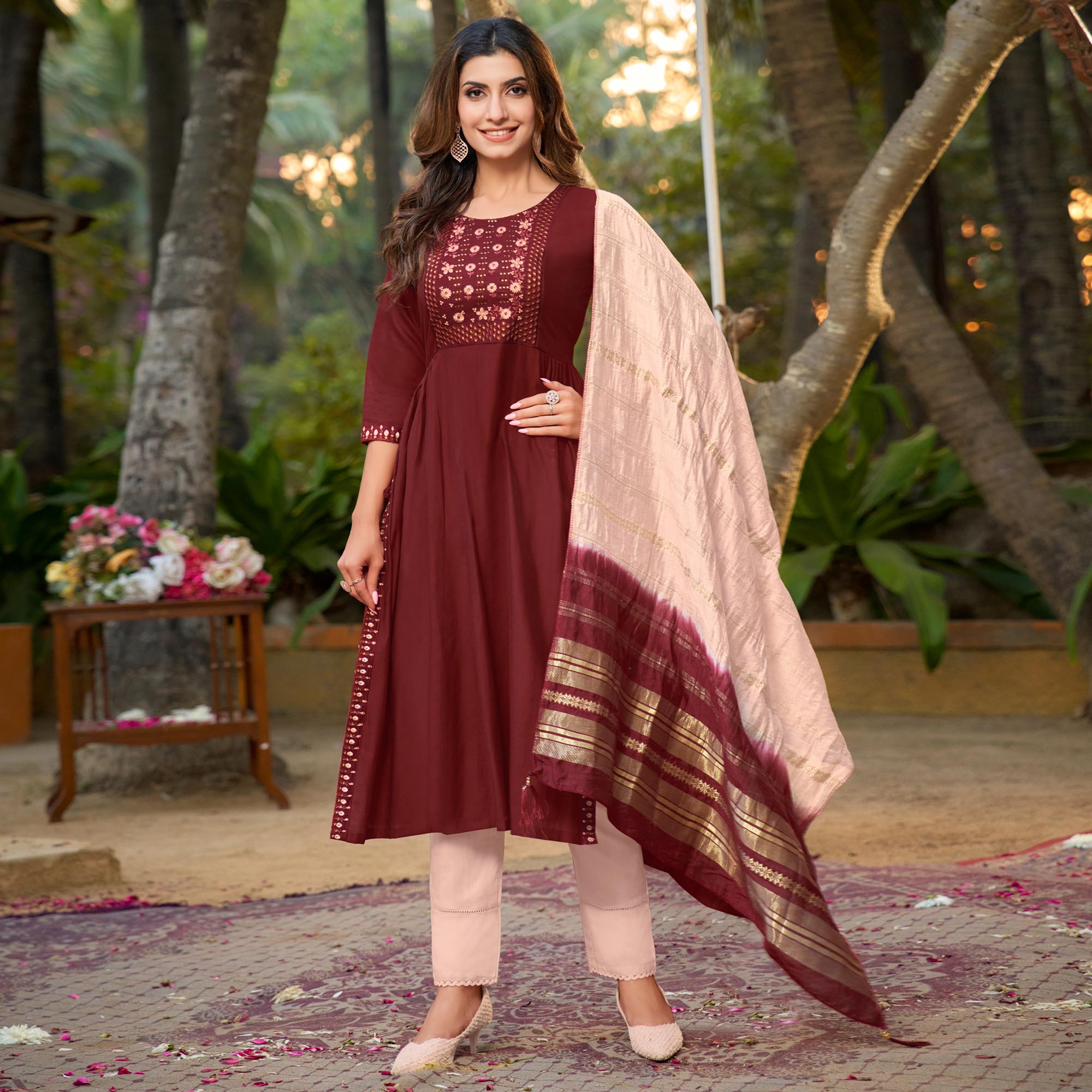 Peachmode Seller Maroon Floral Embroidered Pure Silk Naira Cut Suit - view 2