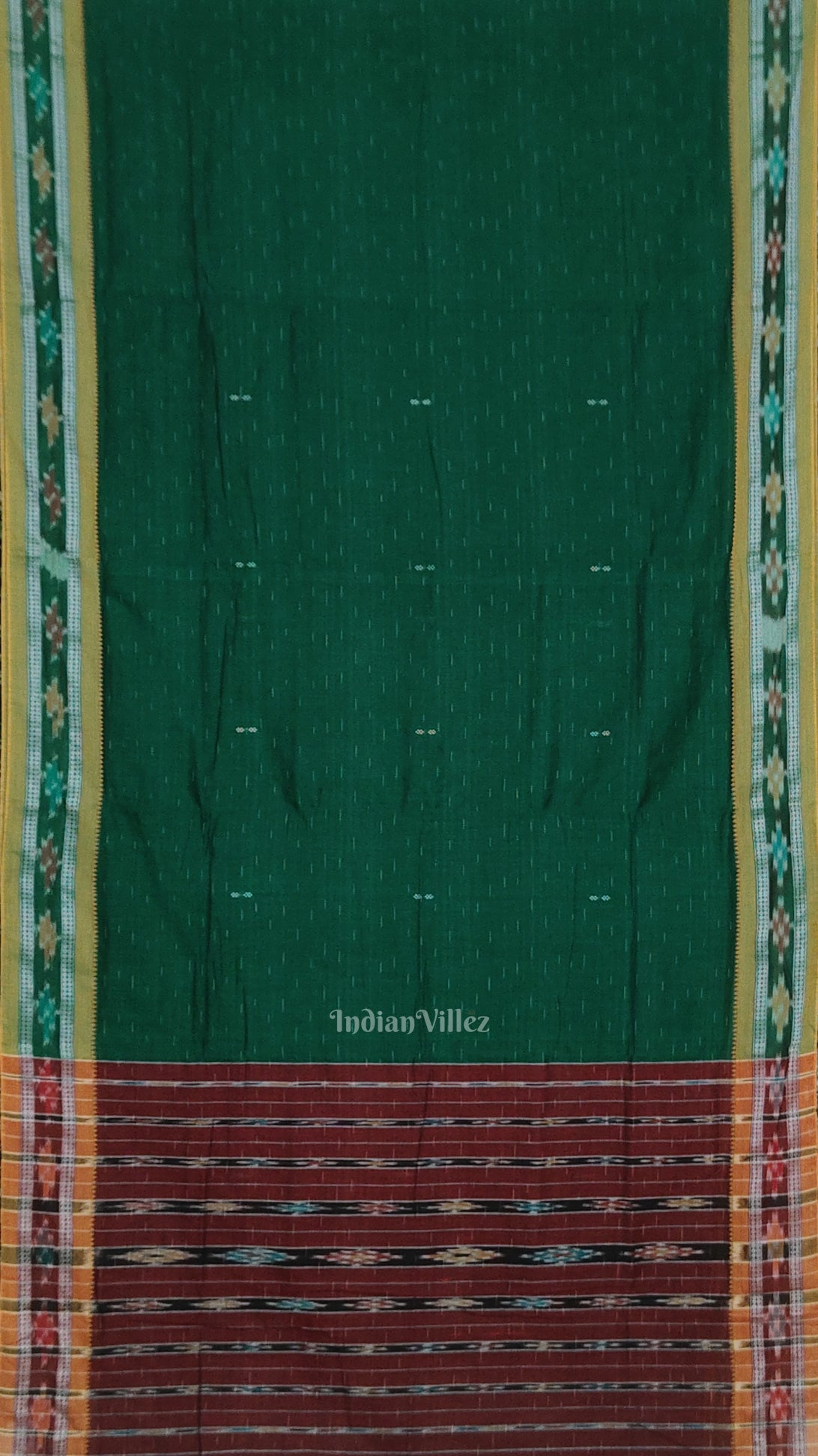 IndianVillèz Green Maroon Odisha Ikat Maniabandha Cotton Saree