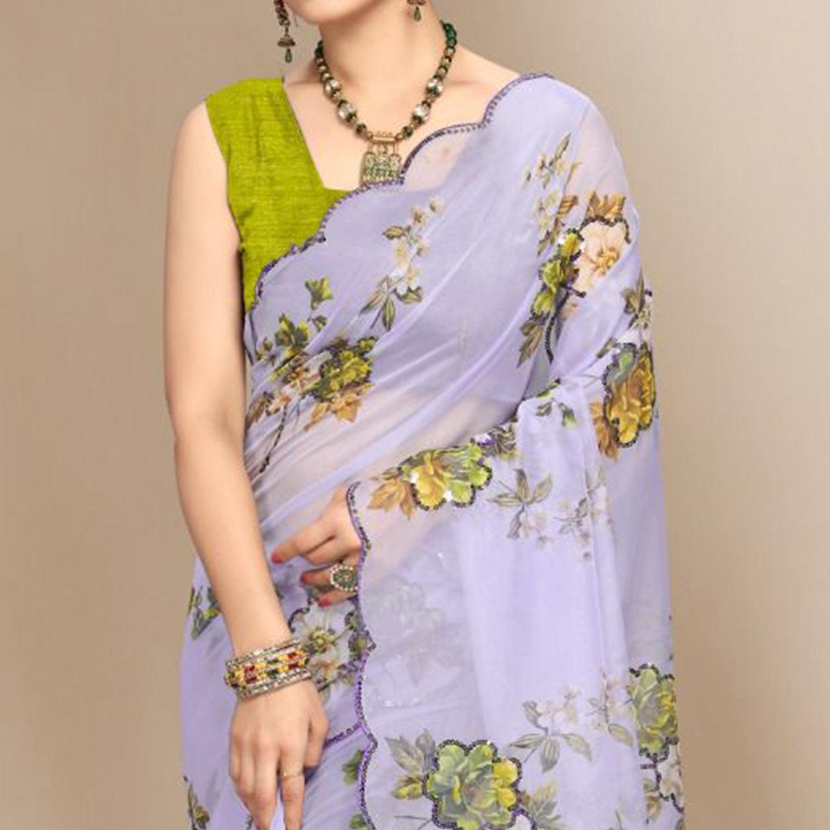 Peachmode Light Violet Partywear Sequins & Printed Organza Saree - view 2