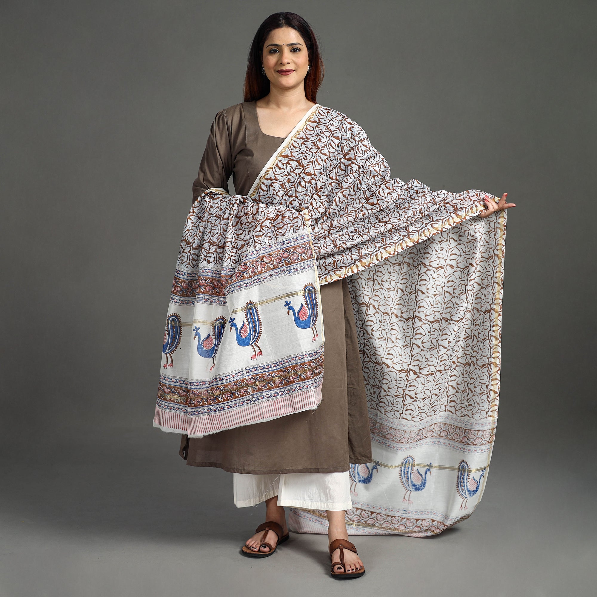 ARTISAN HAND BLOCK PRINTS Brown - Handloom Chanderi Silk Sanganeri Print Dupatta 12