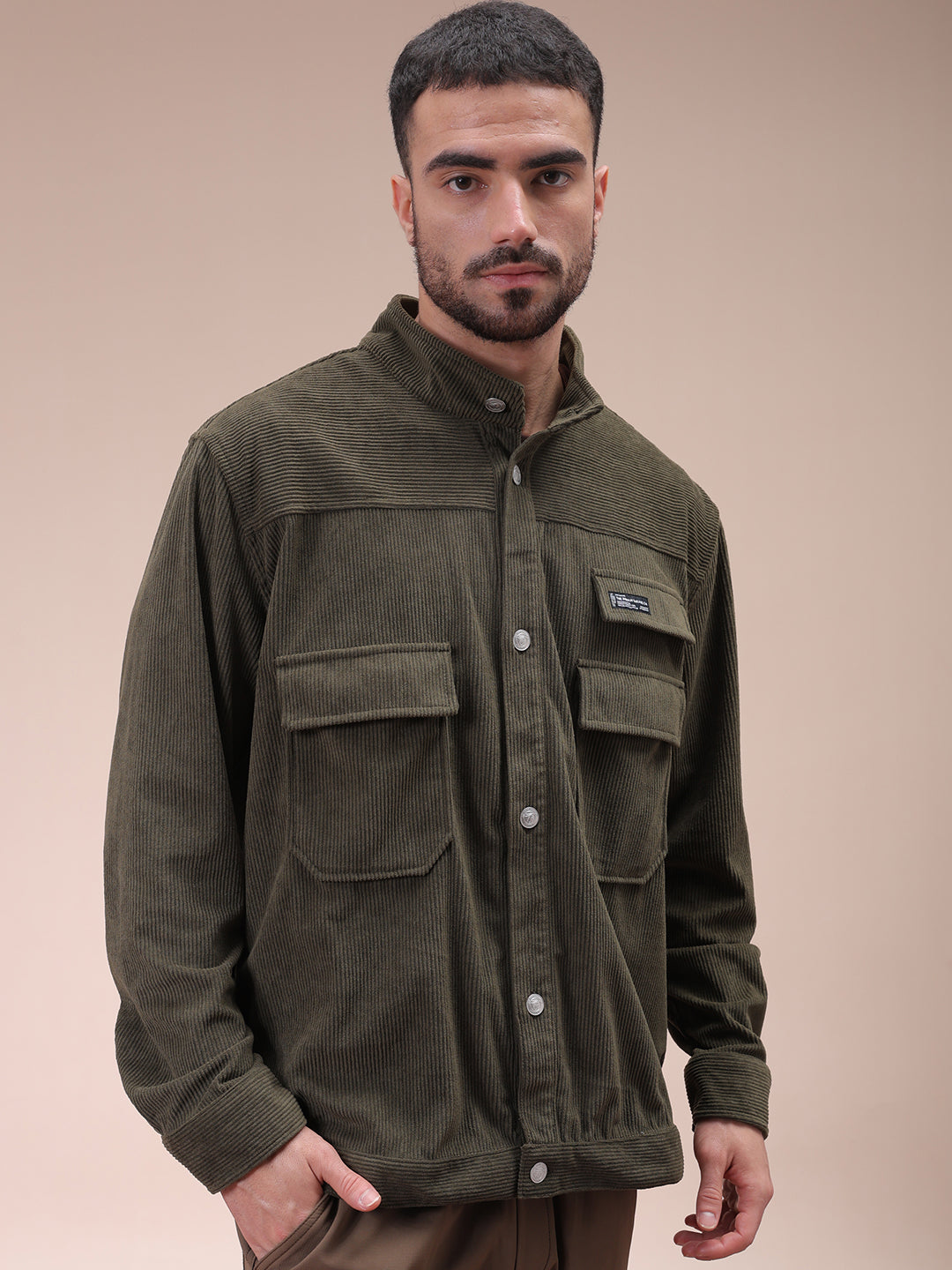 The Indian Garage Co Men's Olive Relaxed Fit Knitted Corduroy Utility Jacket - view 4