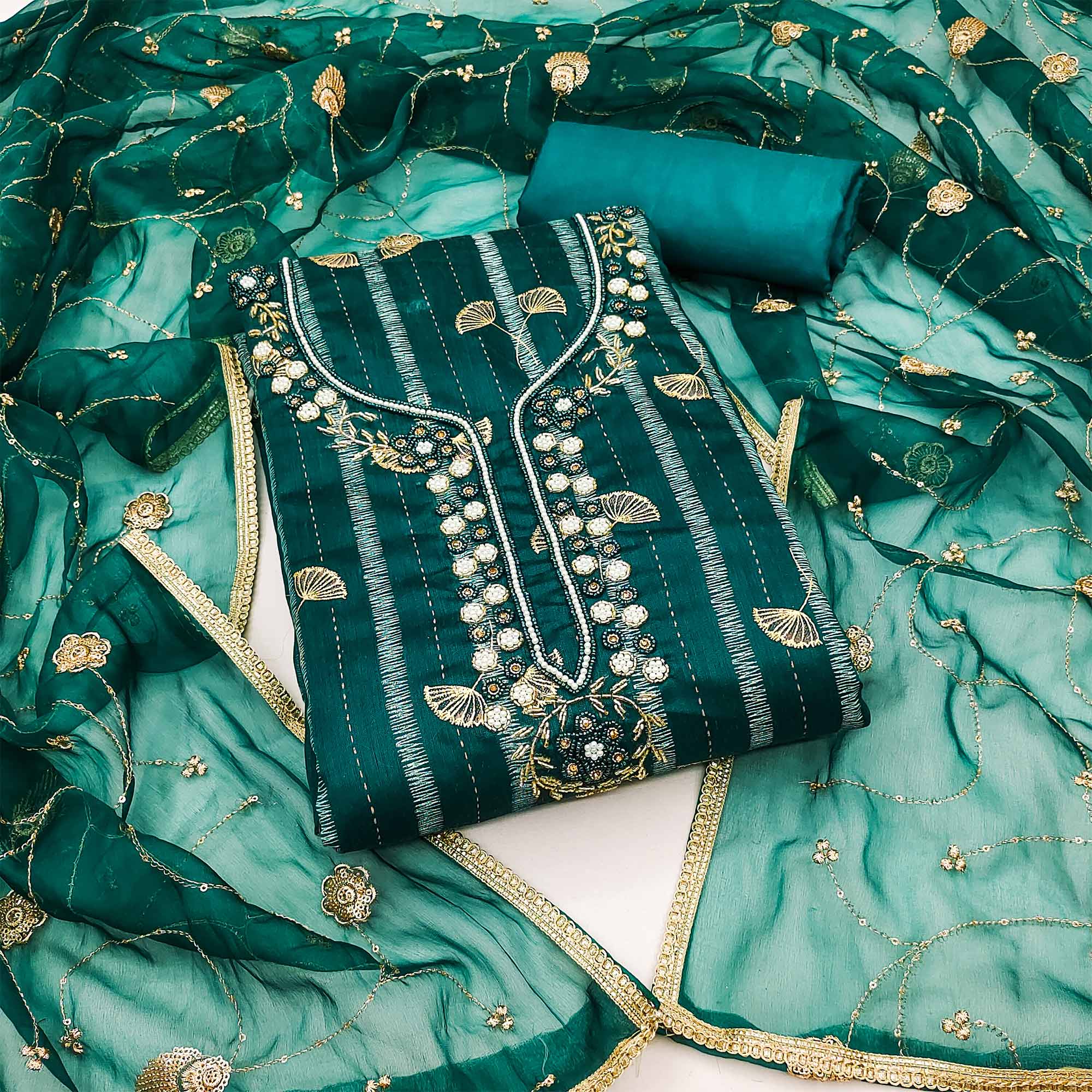 Peachmode Teal Floral Foil Printed With Handwork Chanderi Dress Material