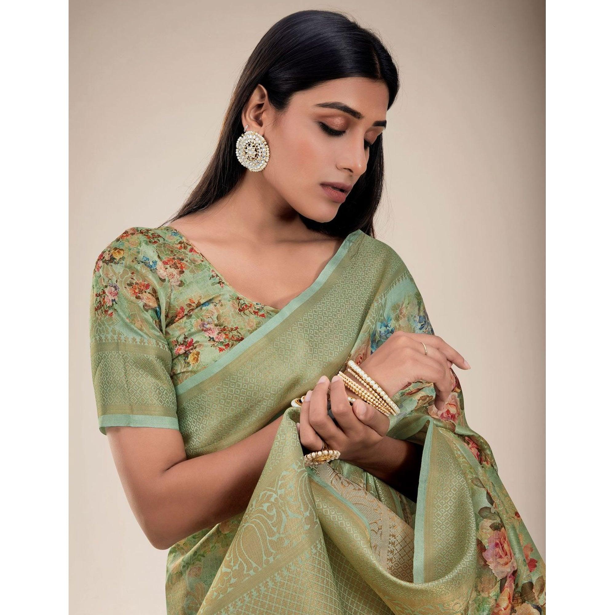 Peachmode Mehndi Green Festive Wear Floral Printed Jacquard Designer Handloom Silk Saree - view 5