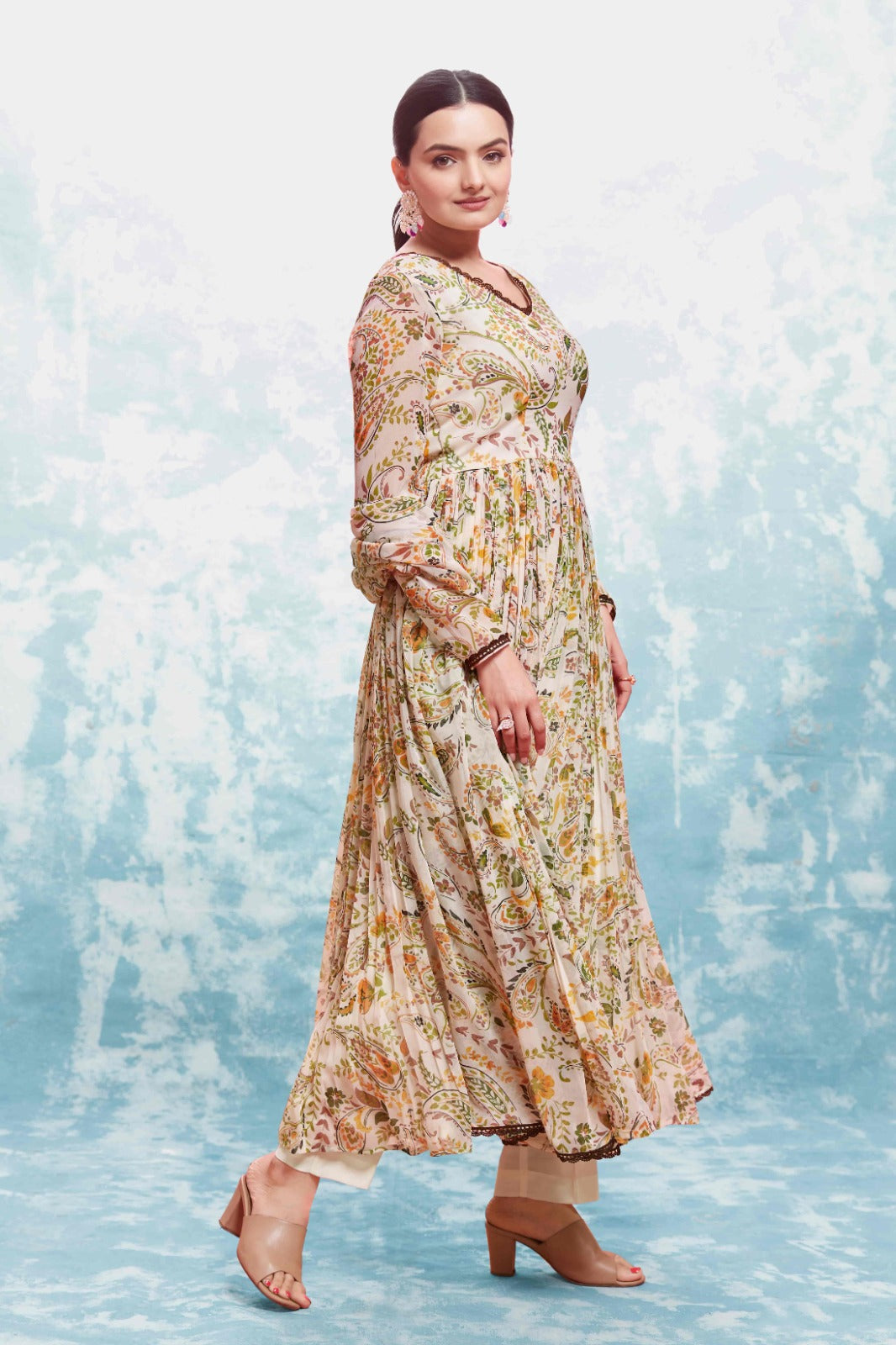 ClothsVilla Beige Georgette Printed Suit Set | Fully Stitched & Ready to Wear - view 2