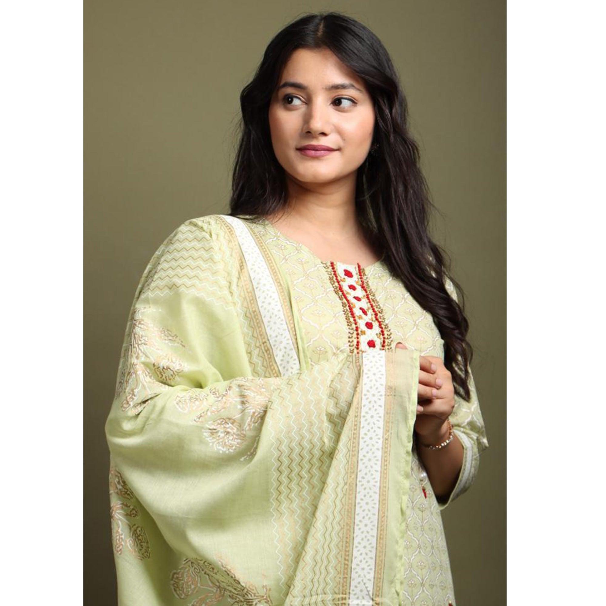 Peachmode Light Pista Green Casual Wear Printed Cotton Kurti - Palazzo Set With Dupatta - view 2