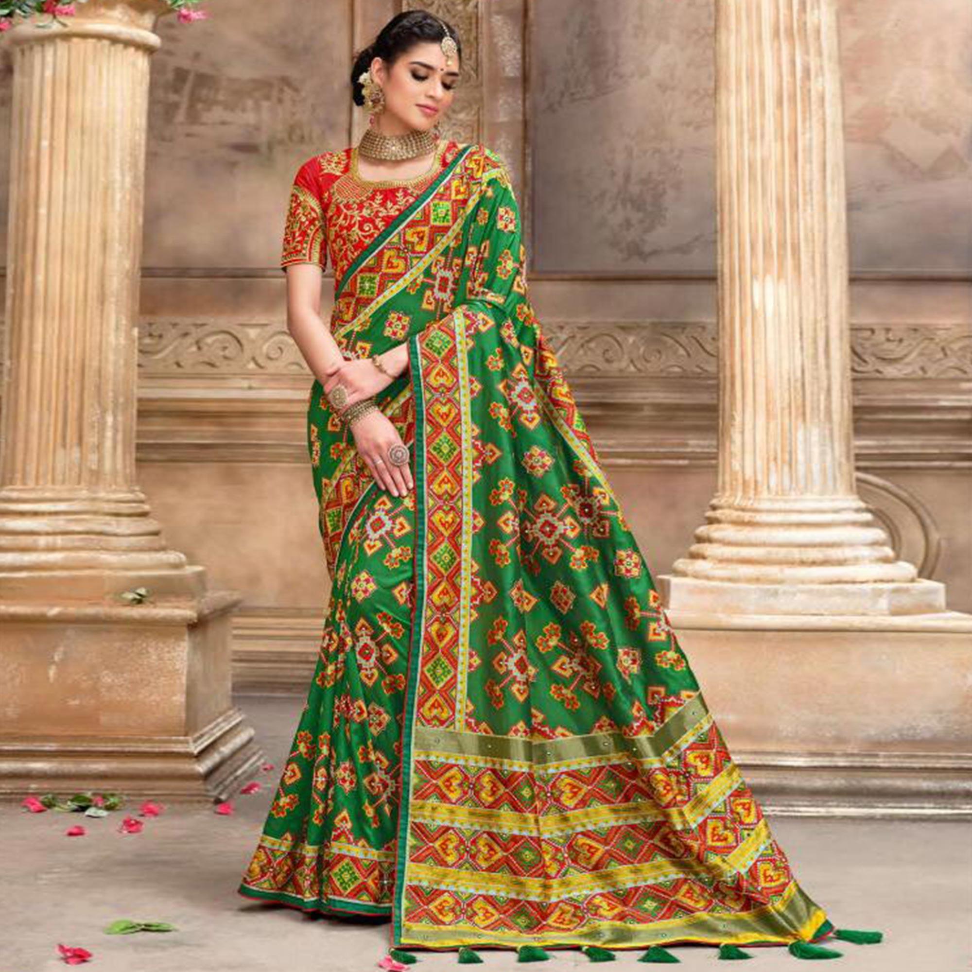 Peachmode Innovative Green Colored Resham With Mirror Khatli Work Festive Wear Patan Patola Silk Saree