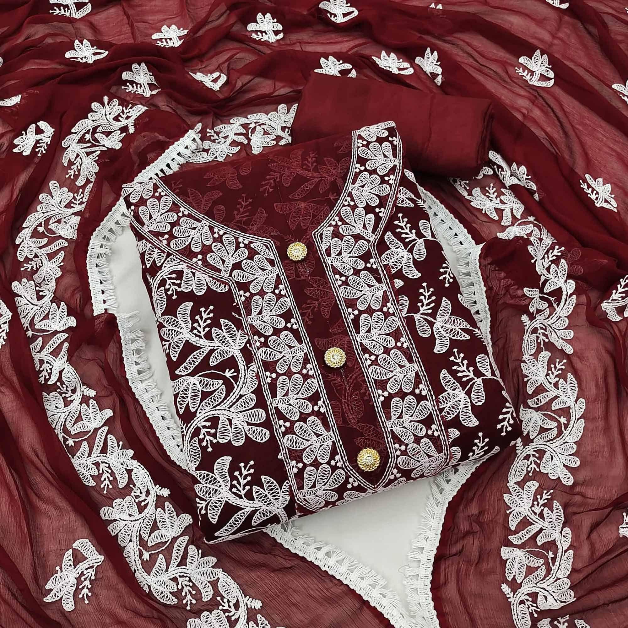 Peachmode Maroon Lucknowi Embroidered Modal Dress Material