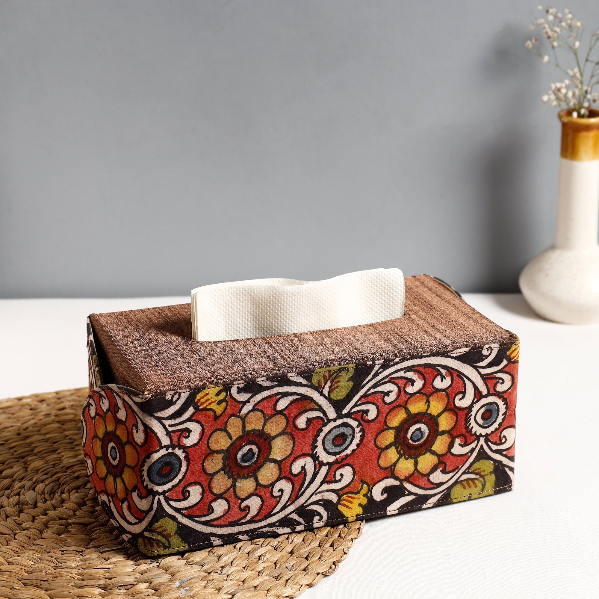 DWARAKA PLUS Brown - Handpainted Kalamkari Natural Dyed Cotton Tissue Box