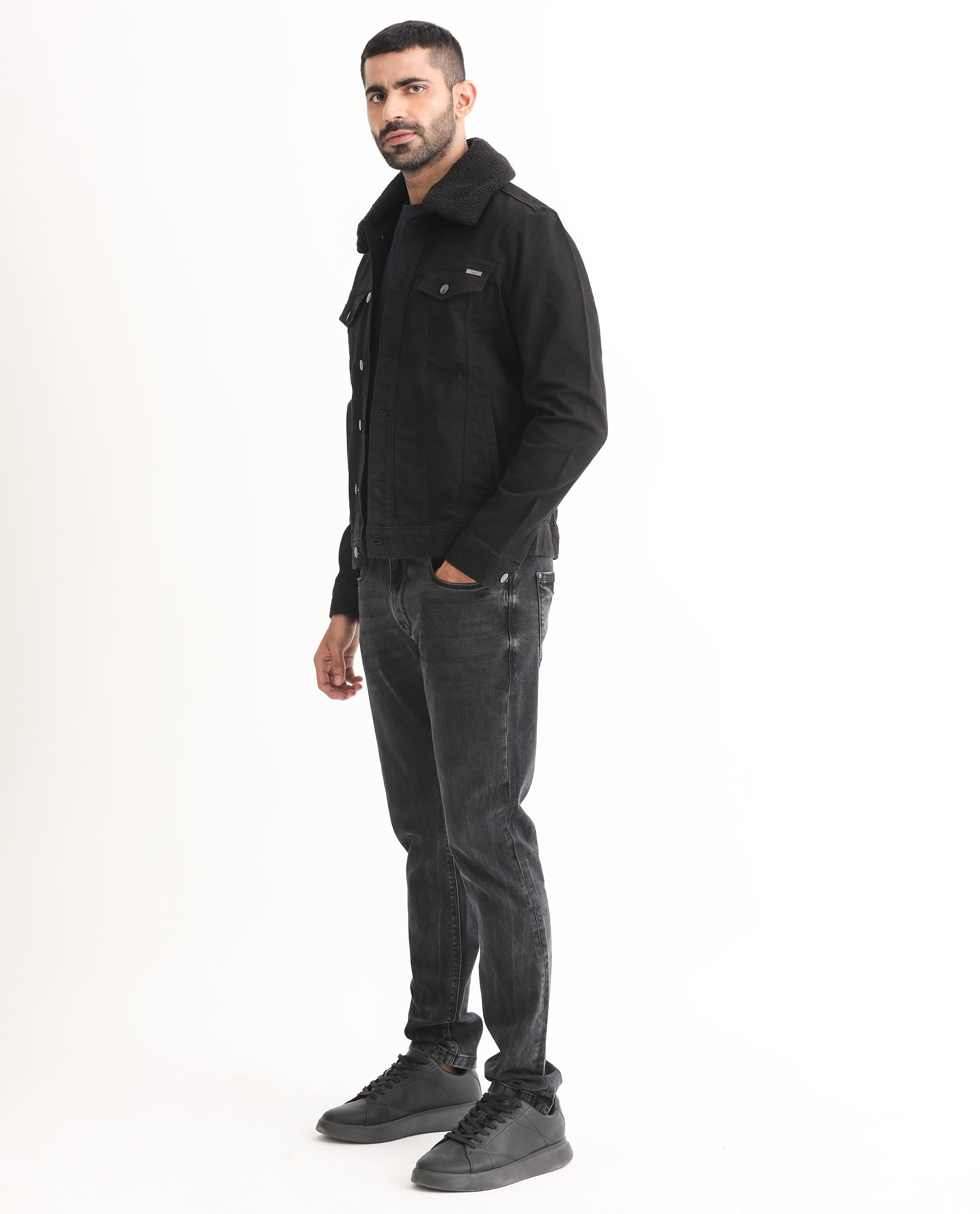 Rare Rabbit Men's Rubik Black Fleece Collar Rinse Wash Denim Trucker - view 4