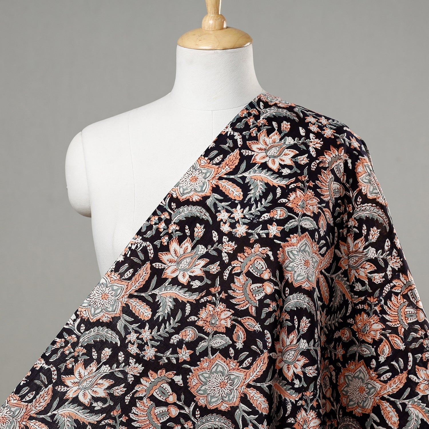 KUSUMLATA Black with Flowers Block Printed Cotton Sanganeri Fabric