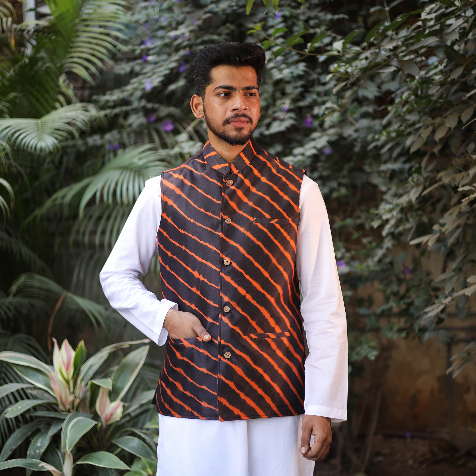 Leheriya tie dye – ITOKRI CASUALS Black - Leheriya Tie & Dye Chanderi Silk Handloom Nehru Jacket 04