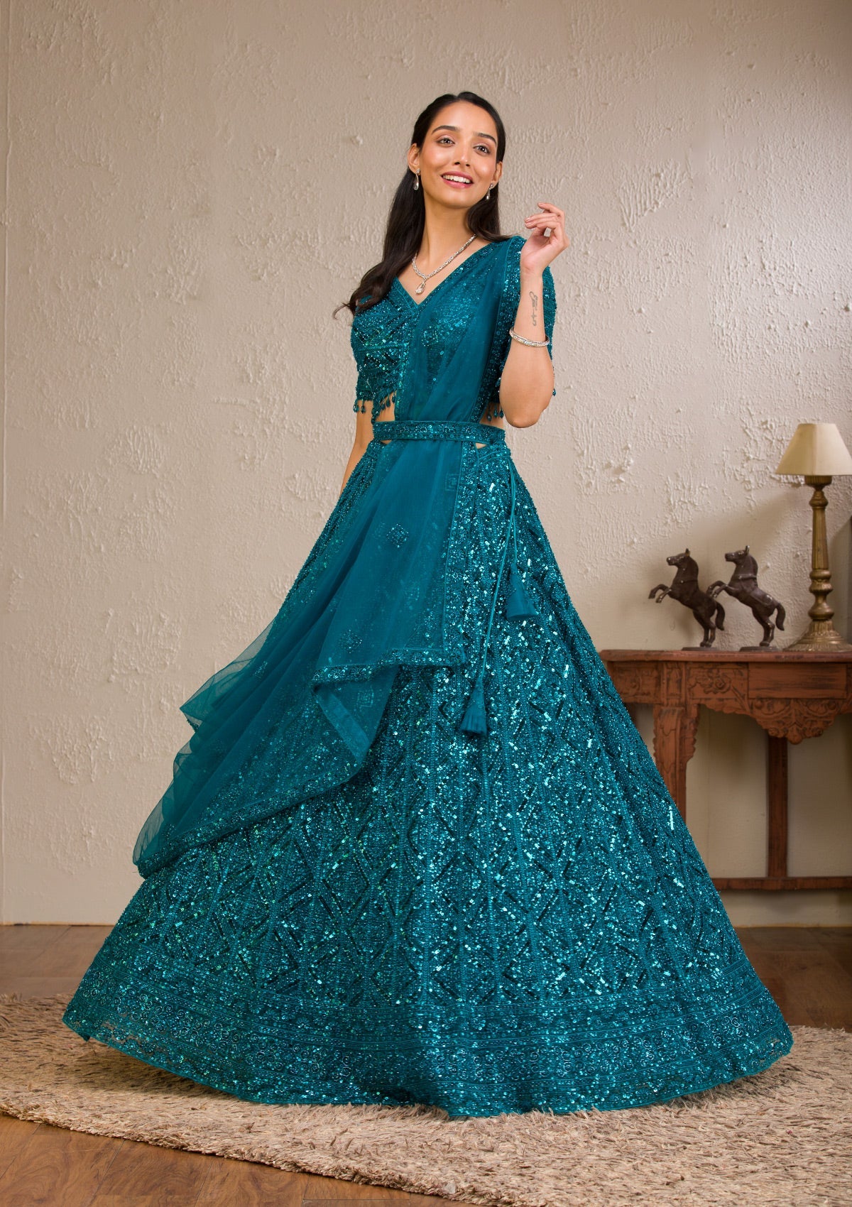 Koskii Peacock Blue Sequins Net Readymade Lehenga