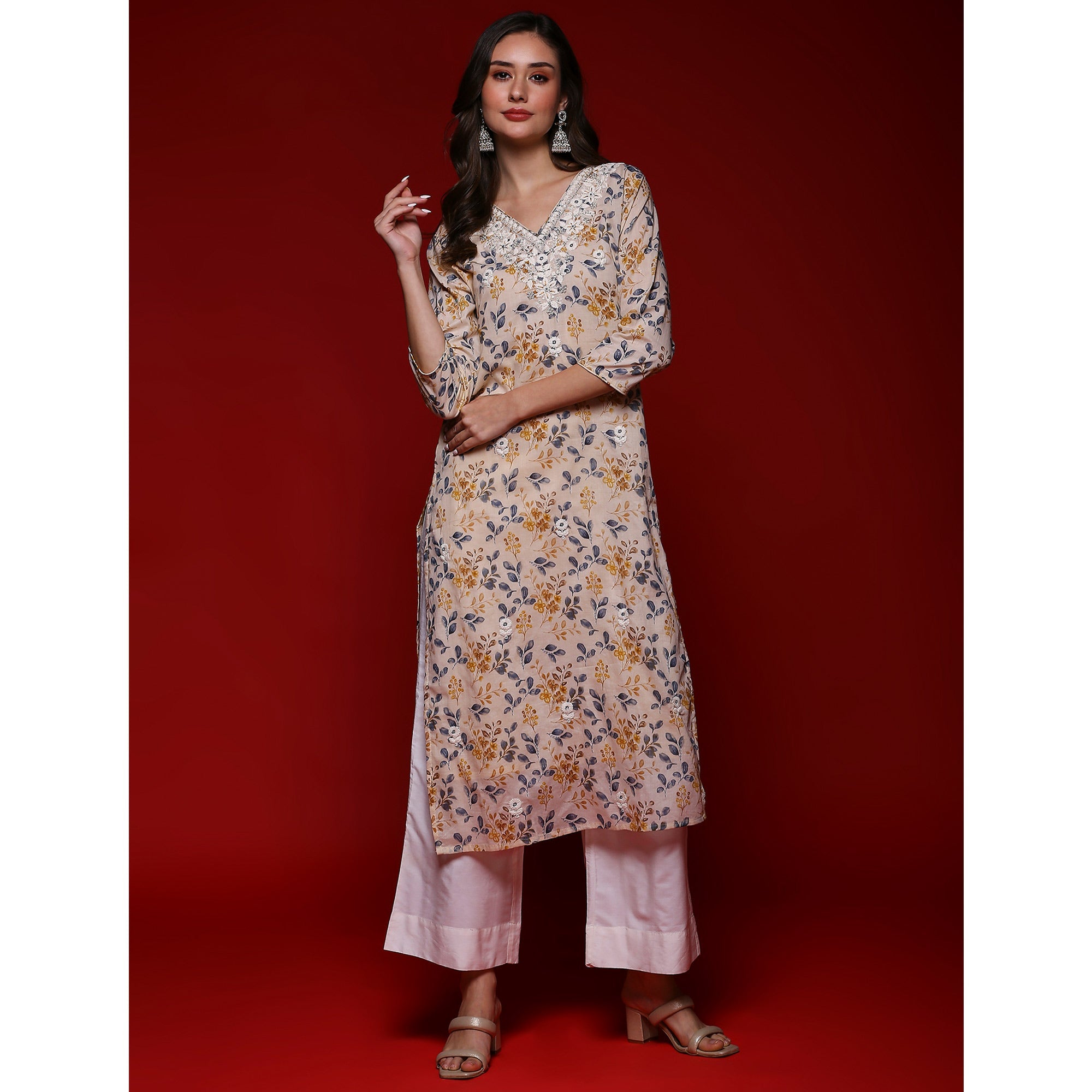 Peachmode Chikoo Floral Printed Mulmul Cotton Straight Kurti - view 8