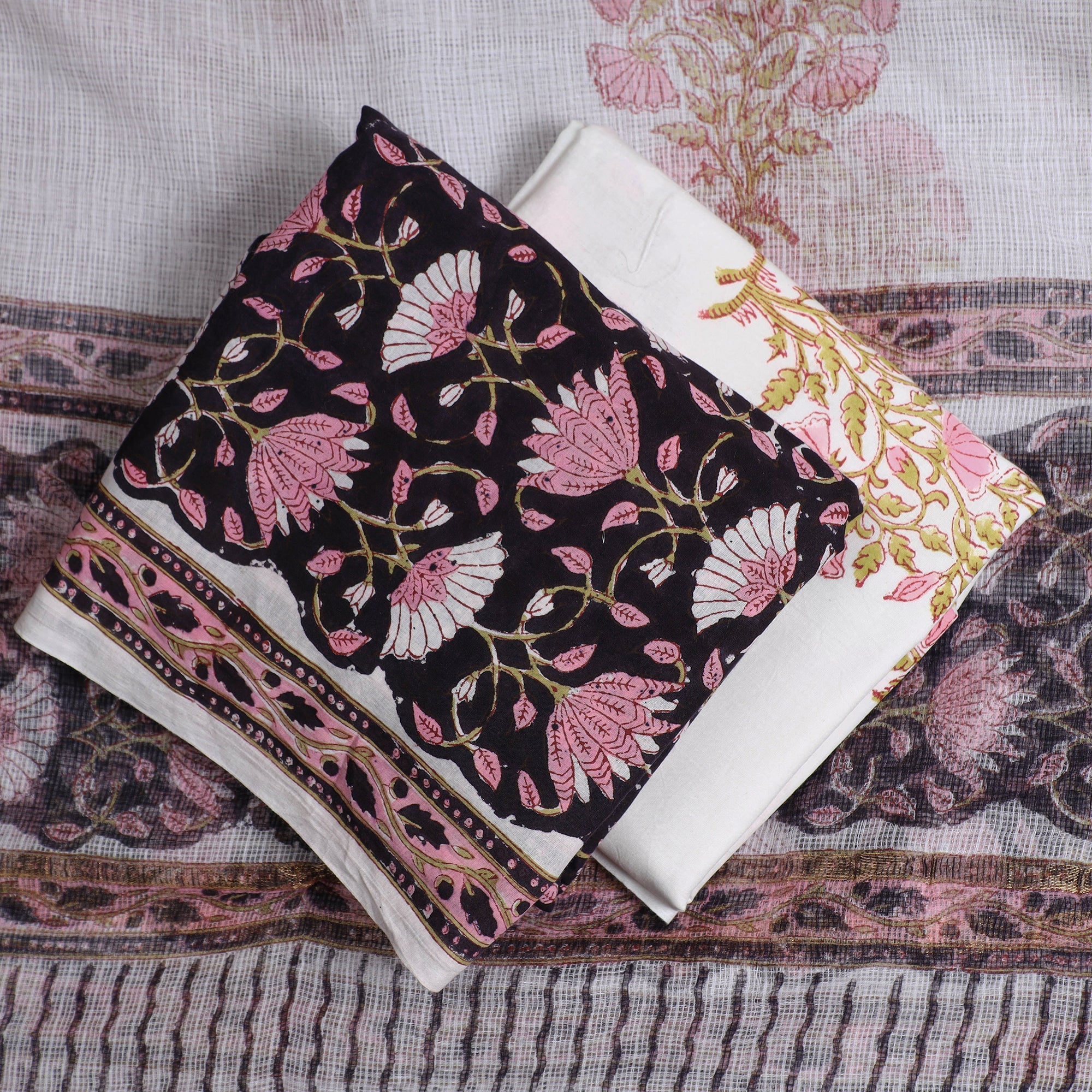 KUSUMLATA 3pc Sanganeri Block Printed Cotton Suit Material with Kota Doria Dupatta 12 - view 2