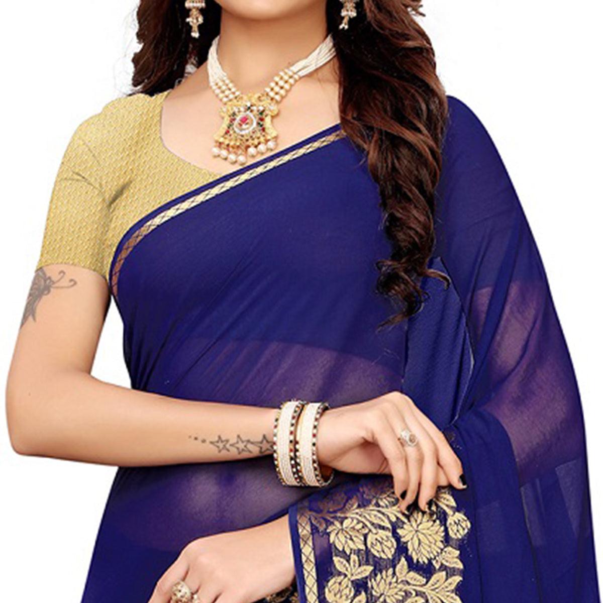 Peachmode Jazzy Navy Blue Colored Casual Woven Georgette Saree - view 2