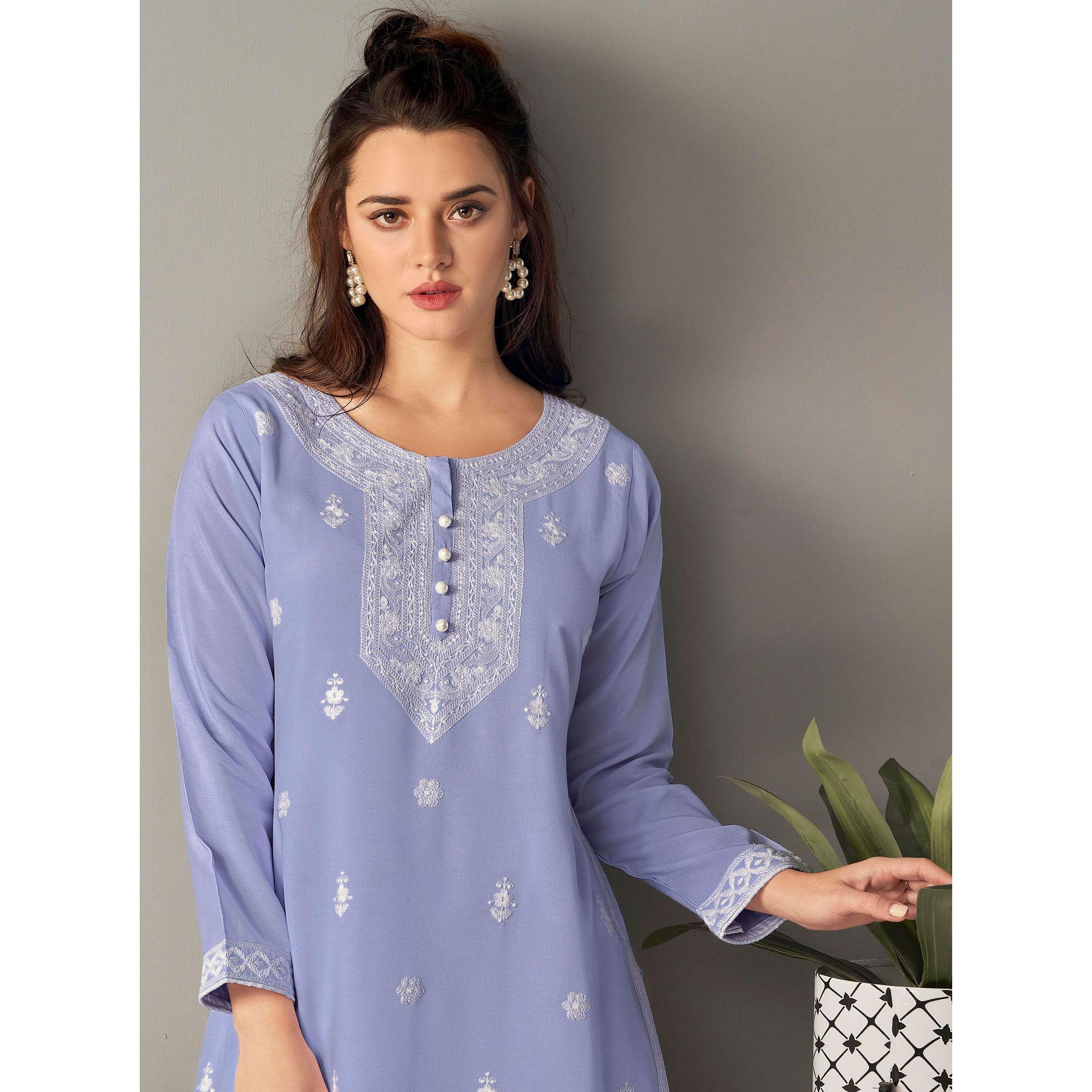 Peachmode Seller Captivating Lavendar Colored Casual Wear Embroidered Pure Rayon Viscose Kurti - view 3