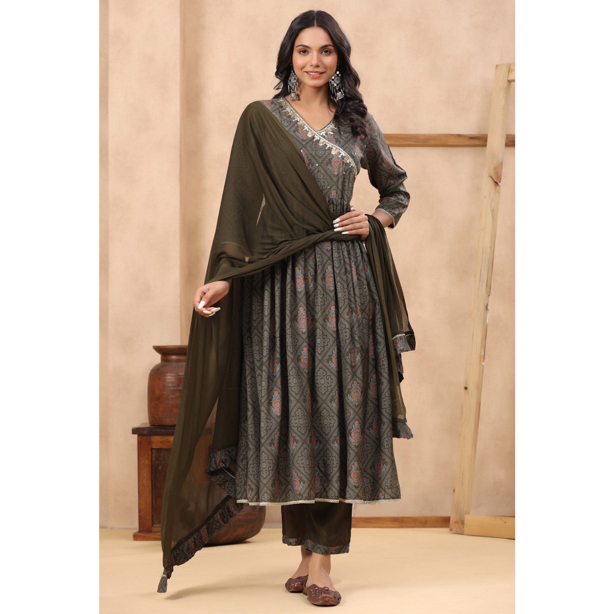 BlackTree grey-printed-with-sequins-work-muslin-anarkali-suit - view 6