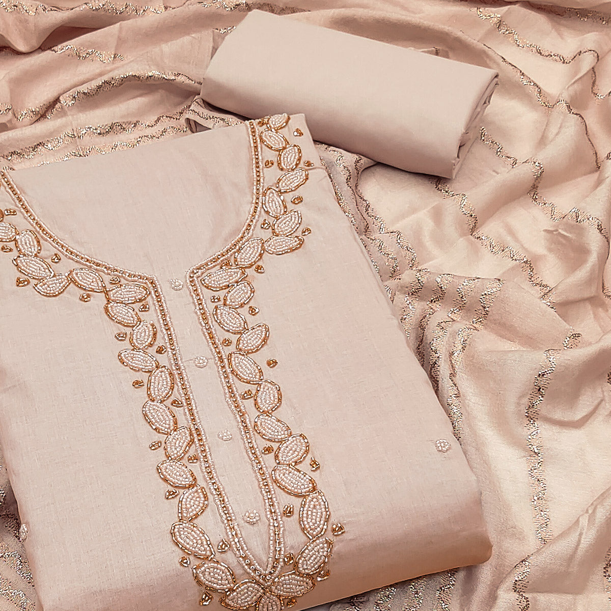 Peachmode Chikoo Zardosi Moti Work Pure Cotton Dress Material - view 2