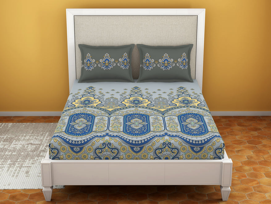 Spaces India Floral Vapor Blue - Light Grey 100% Cotton King Size Bedsheet - Estaa By Spaces-1064783