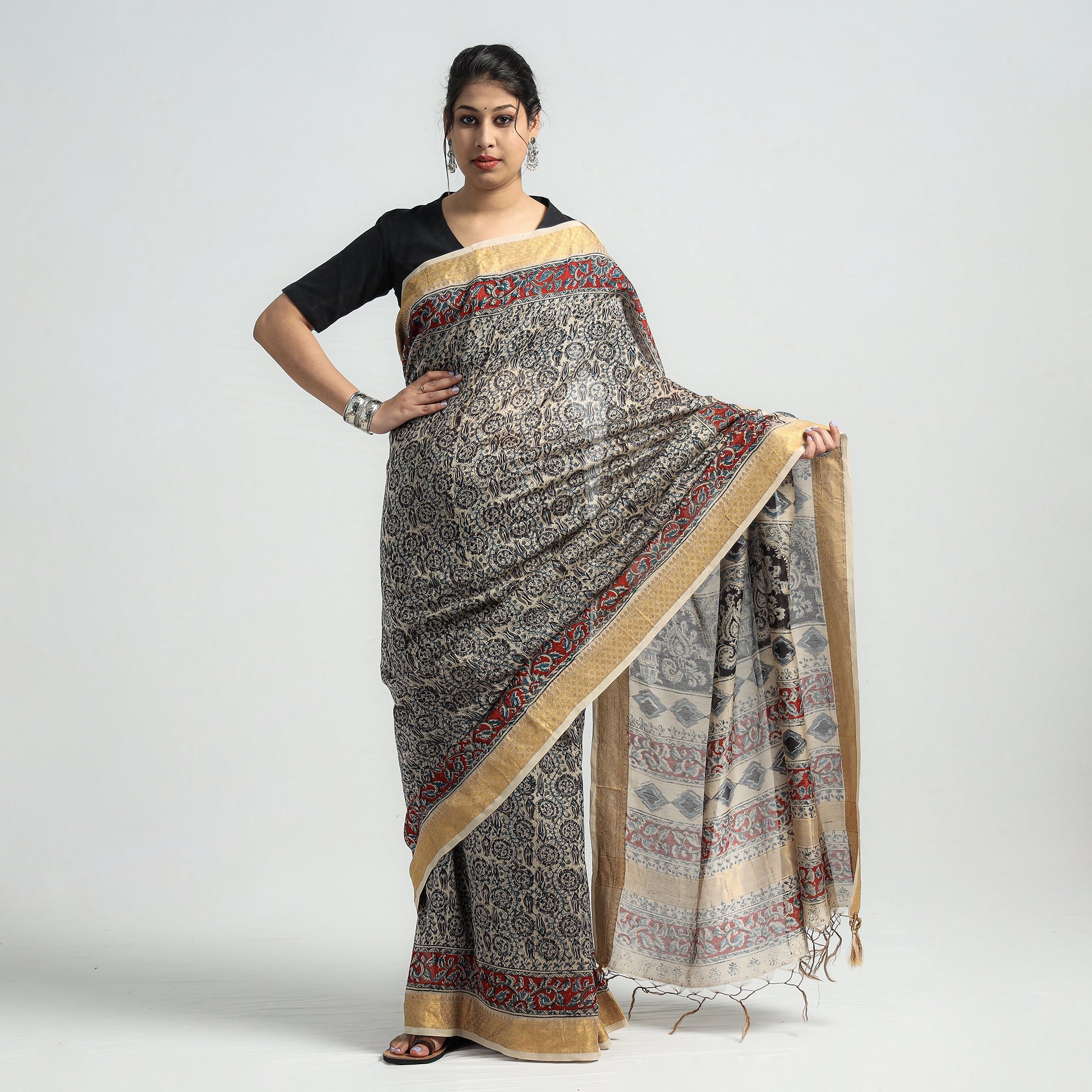 VENKATA BHANU KALAMKARI PEDANA Black - Original Pedana Kalamkari Block Print Silk Saree - view 2