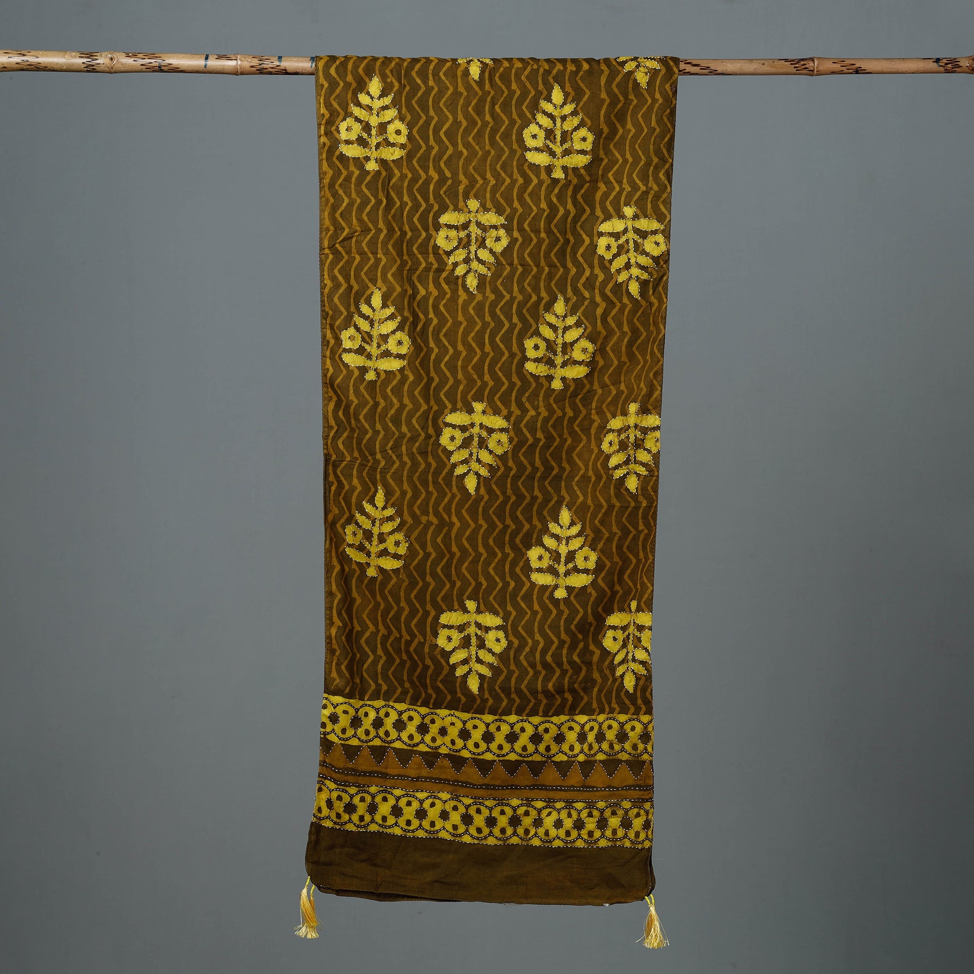 ARTISAN HAND BLOCK PRINTS Brown - Bagru Block Printed Tagai Work Cotton Stole with Tassels - view 3