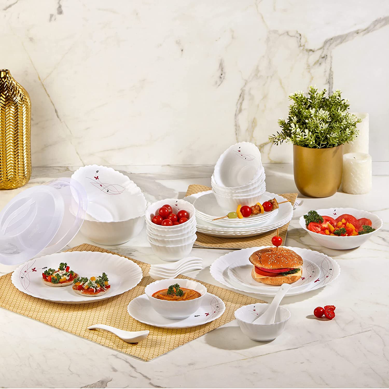 Cello Dazzle Series 35 Pieces Opalware Dinner Set for Family of 6