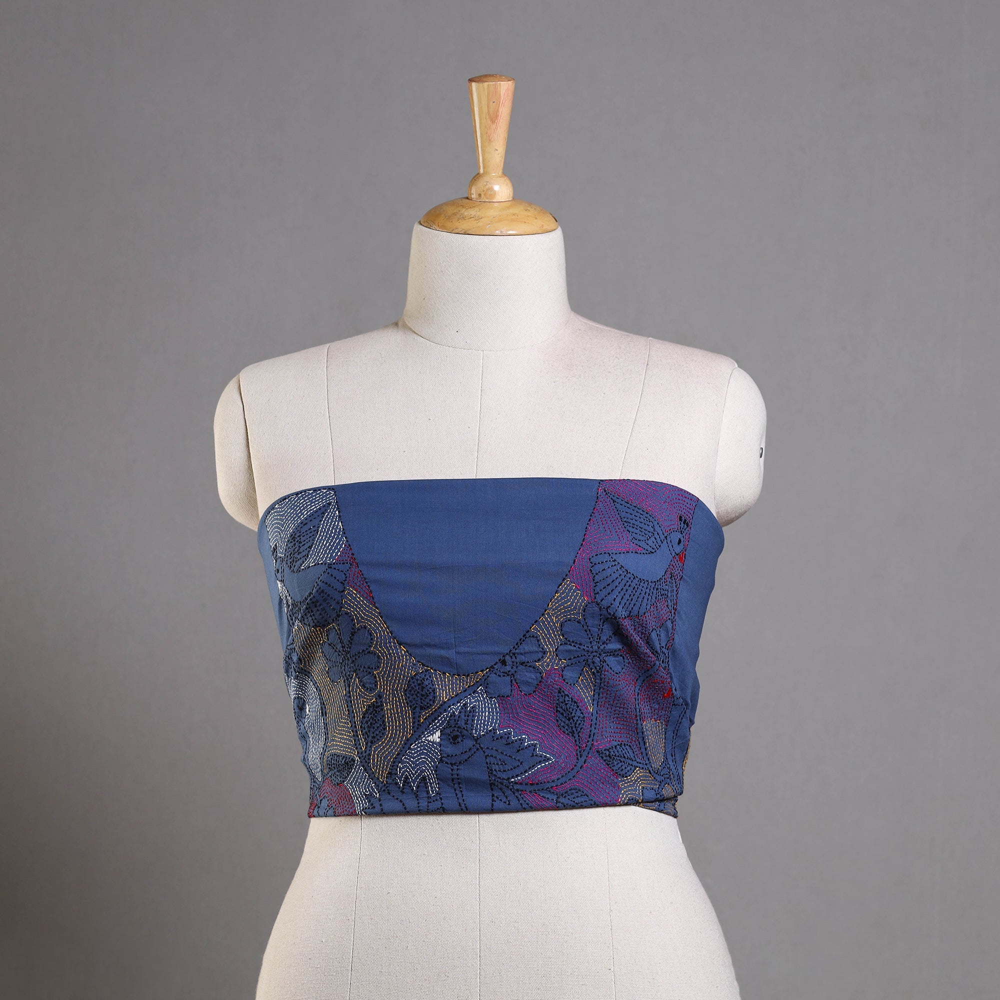 KHUSHBASH - HAPPY LOOM OF EAST Blue - Bengal Kantha Embroidery Cotton Blouse Piece 56