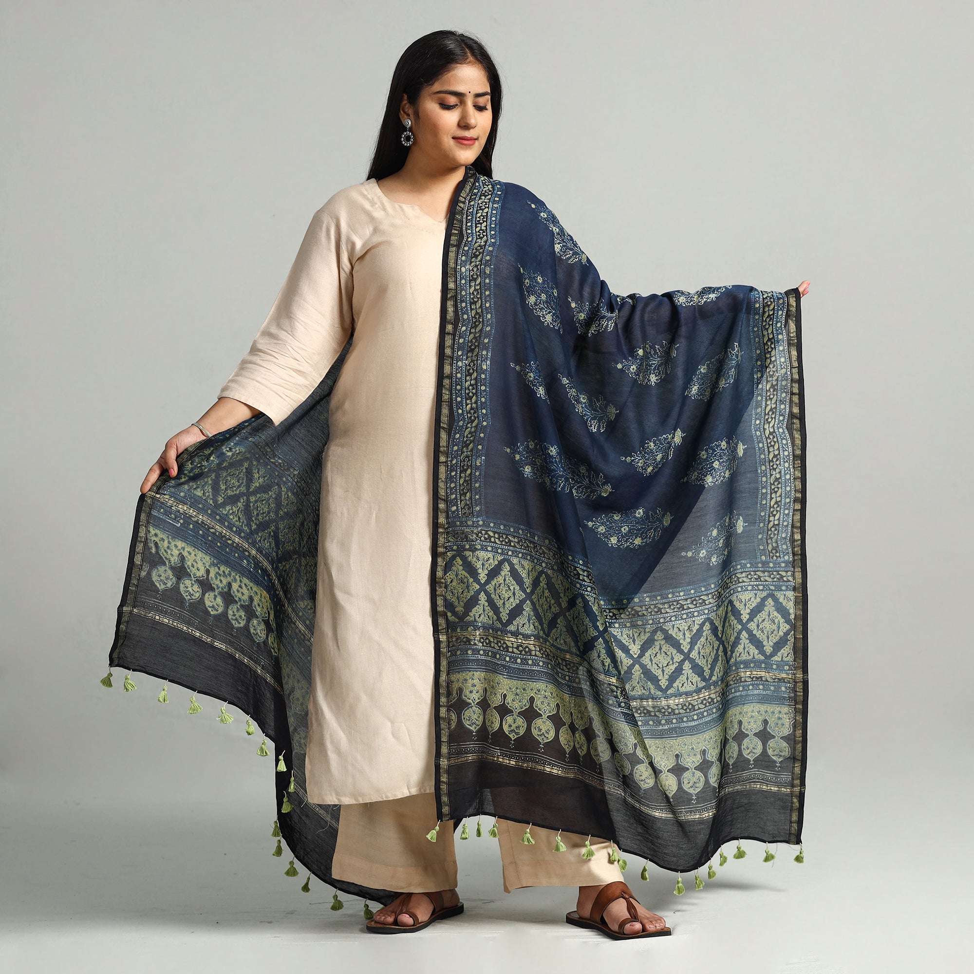 AJRAKH BY SUFIYAN ISMAIL KHATRI Blue - Block Printed Chanderi Silk Handloom Ajrakh Dupatta 09