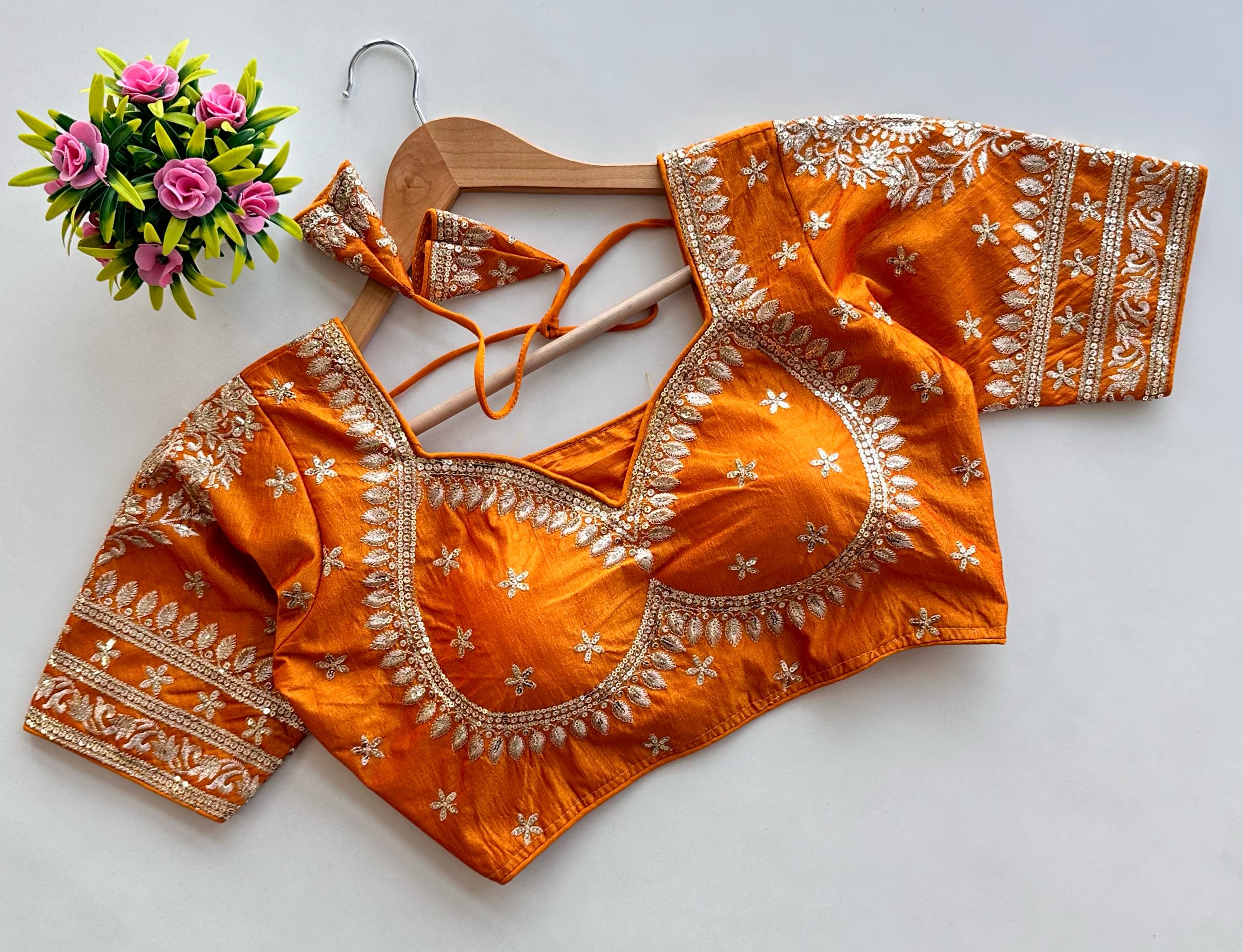 ClothsVilla Orange Golden Embroidered Blubbery Silk Blouse with Sequins