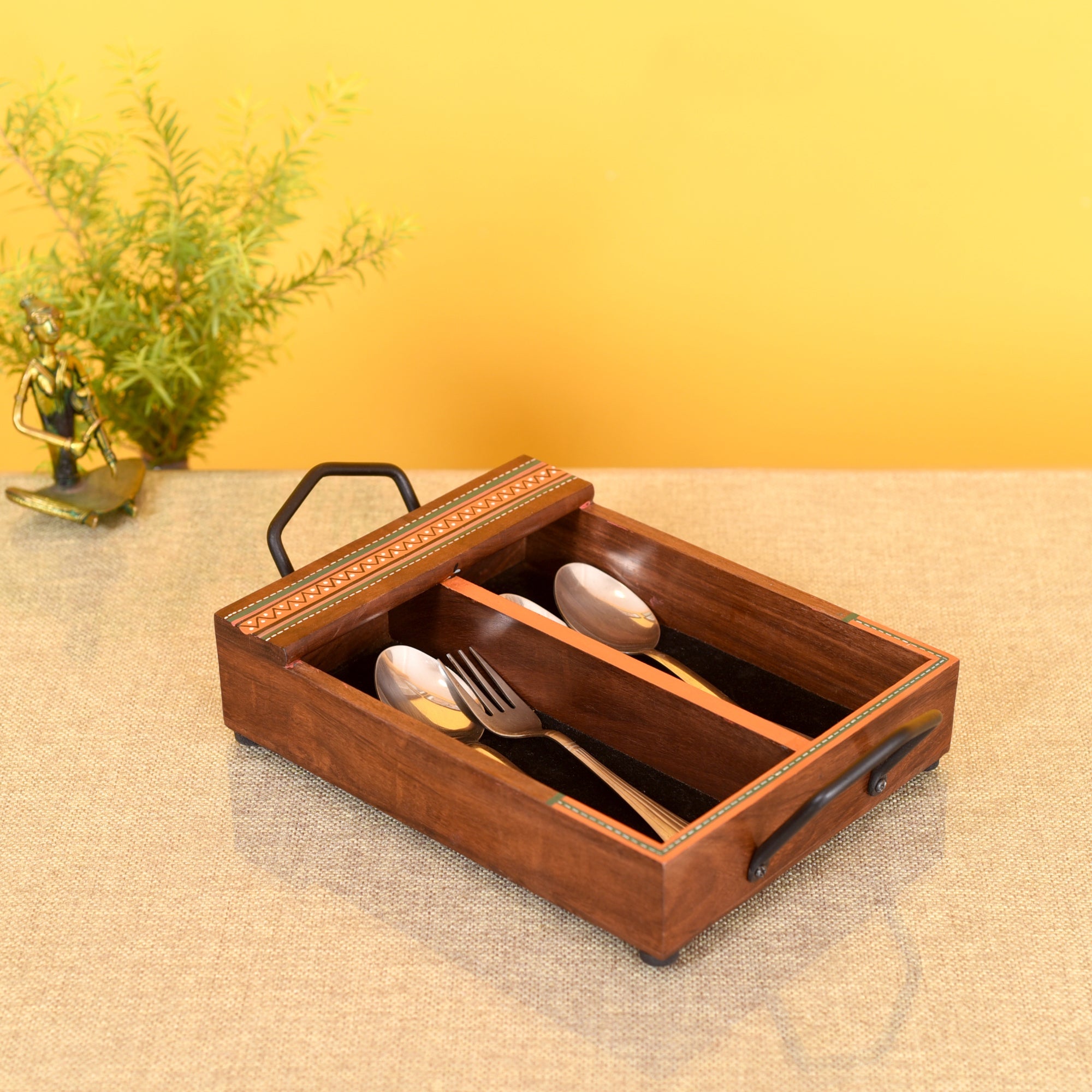 ART CREATIONS BY SUMAN SONTHALIA Brown - Mango Wood Handcrafted Cutlery Tray (12 x 7 in)