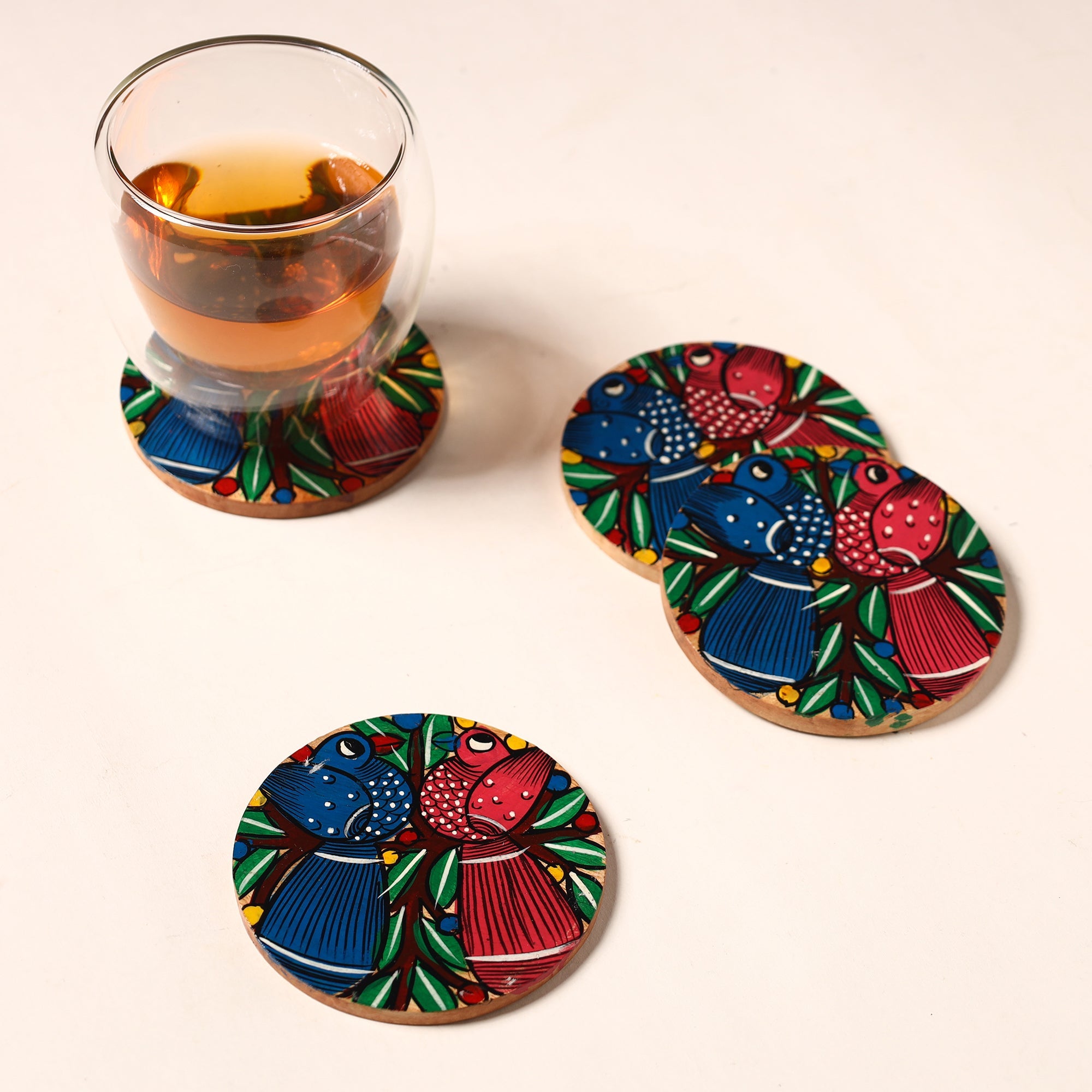 ITOKRI CRAFTS INITIATIVE Bengal Patua Handpainted Akashmoni Wooden Coasters (Set of 4) 42