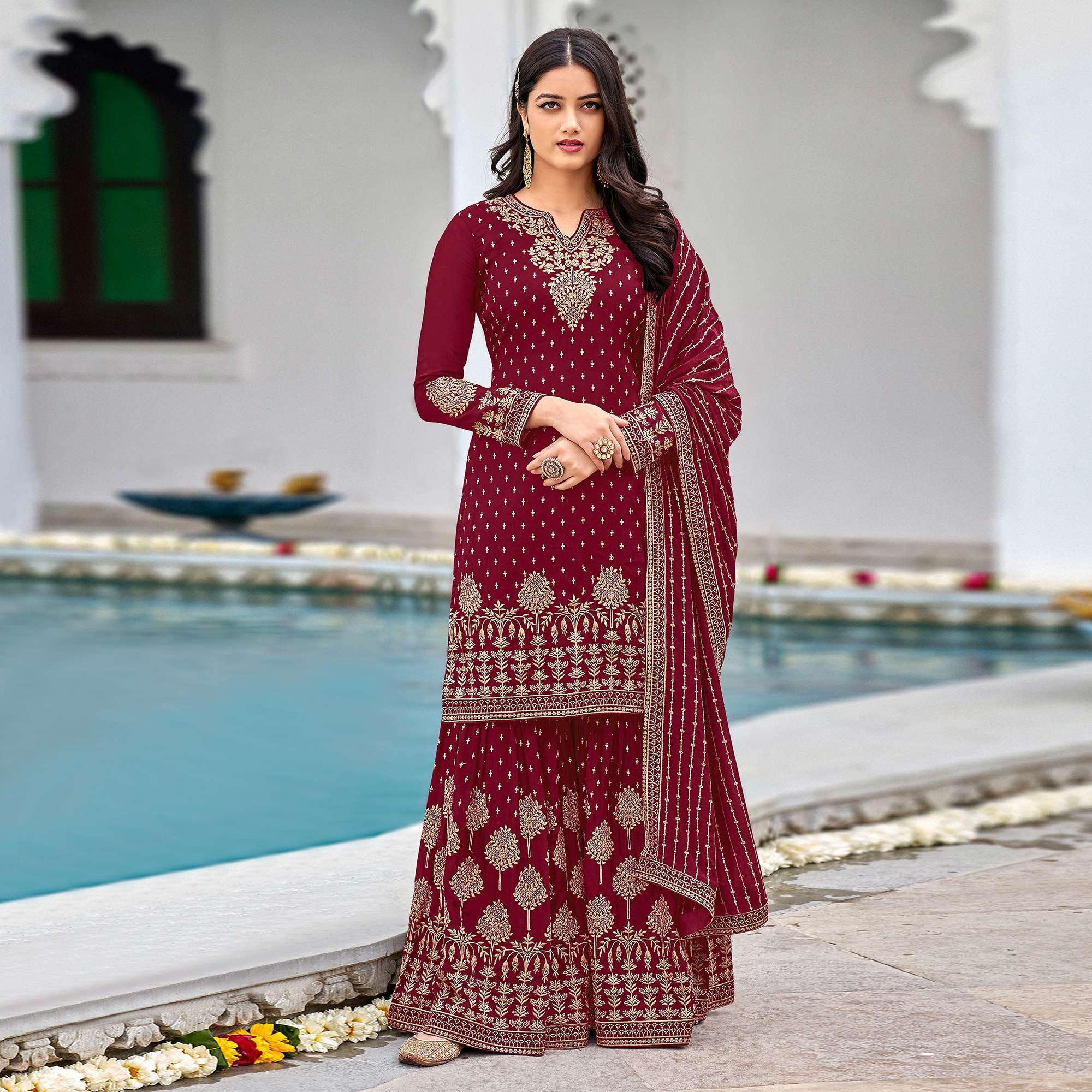 Peachmode Maroon Partywear Sequins & Embroidered Faux Georgette Salwar Suit