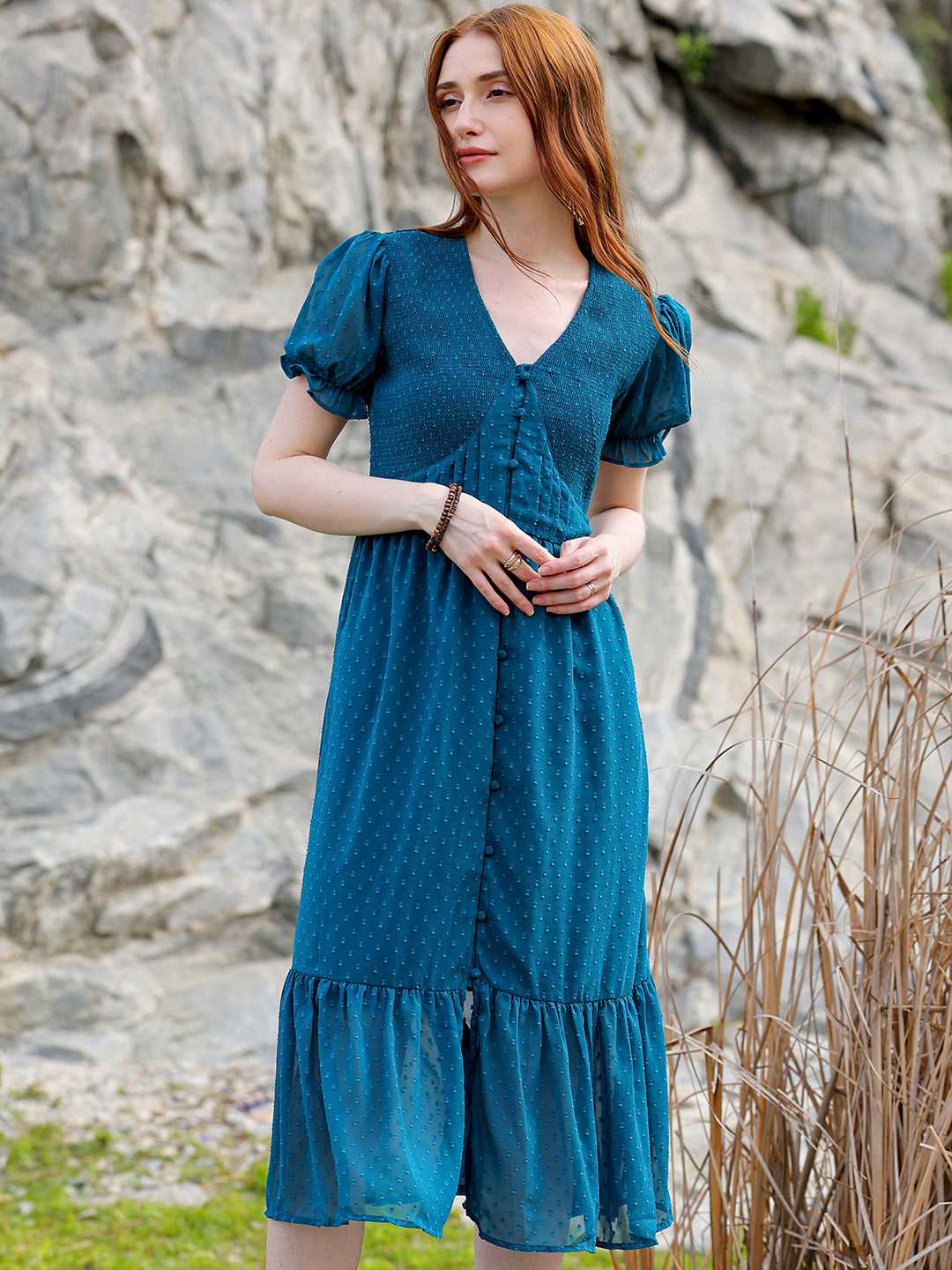 Freehand by The Indian Garage Co Women's Teal Fit and Flare Textured V neck Tiered Dress - view 4