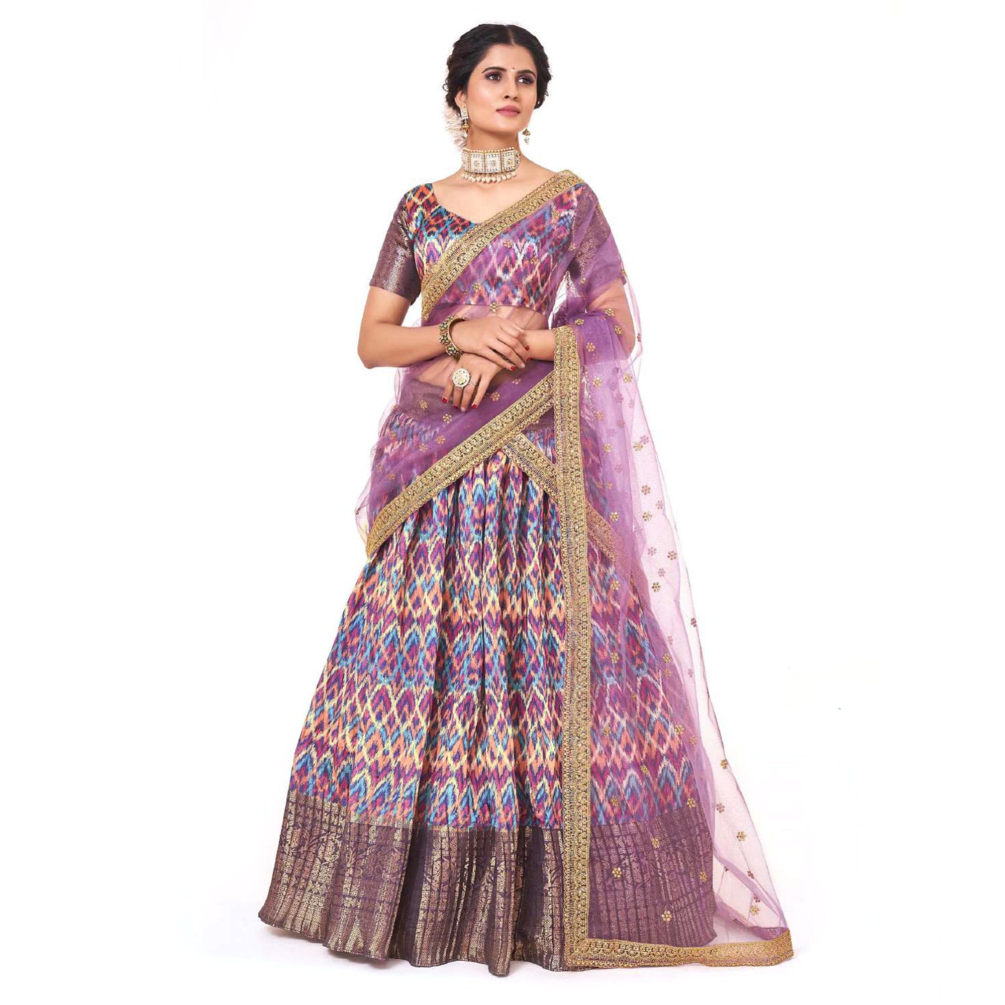 Peachmode Multicolor Digital Printed With Zari Work Art Silk Lehenga Choli
