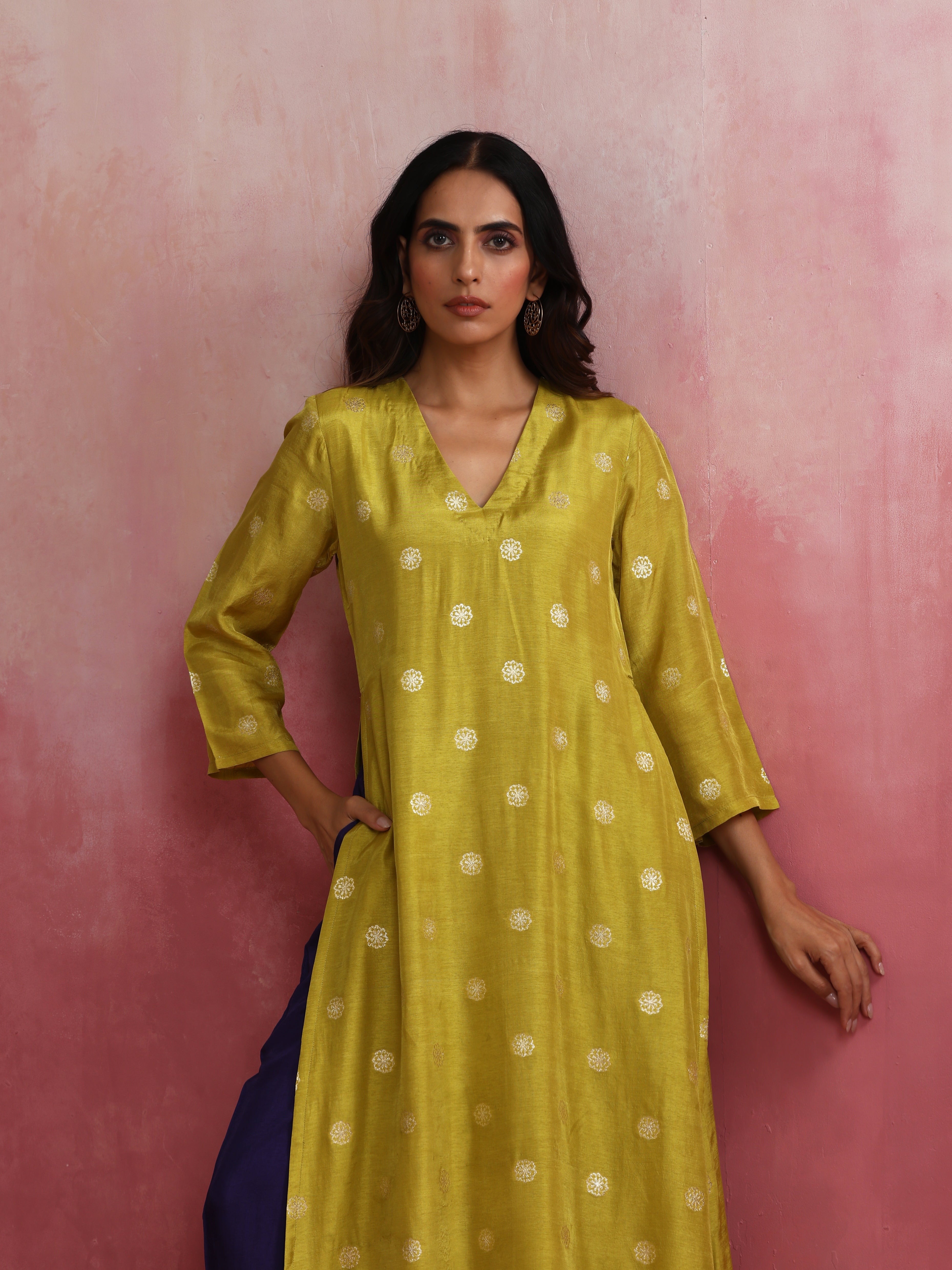 trueBrowns Lime Viscose Silk Kurta Set - view 5