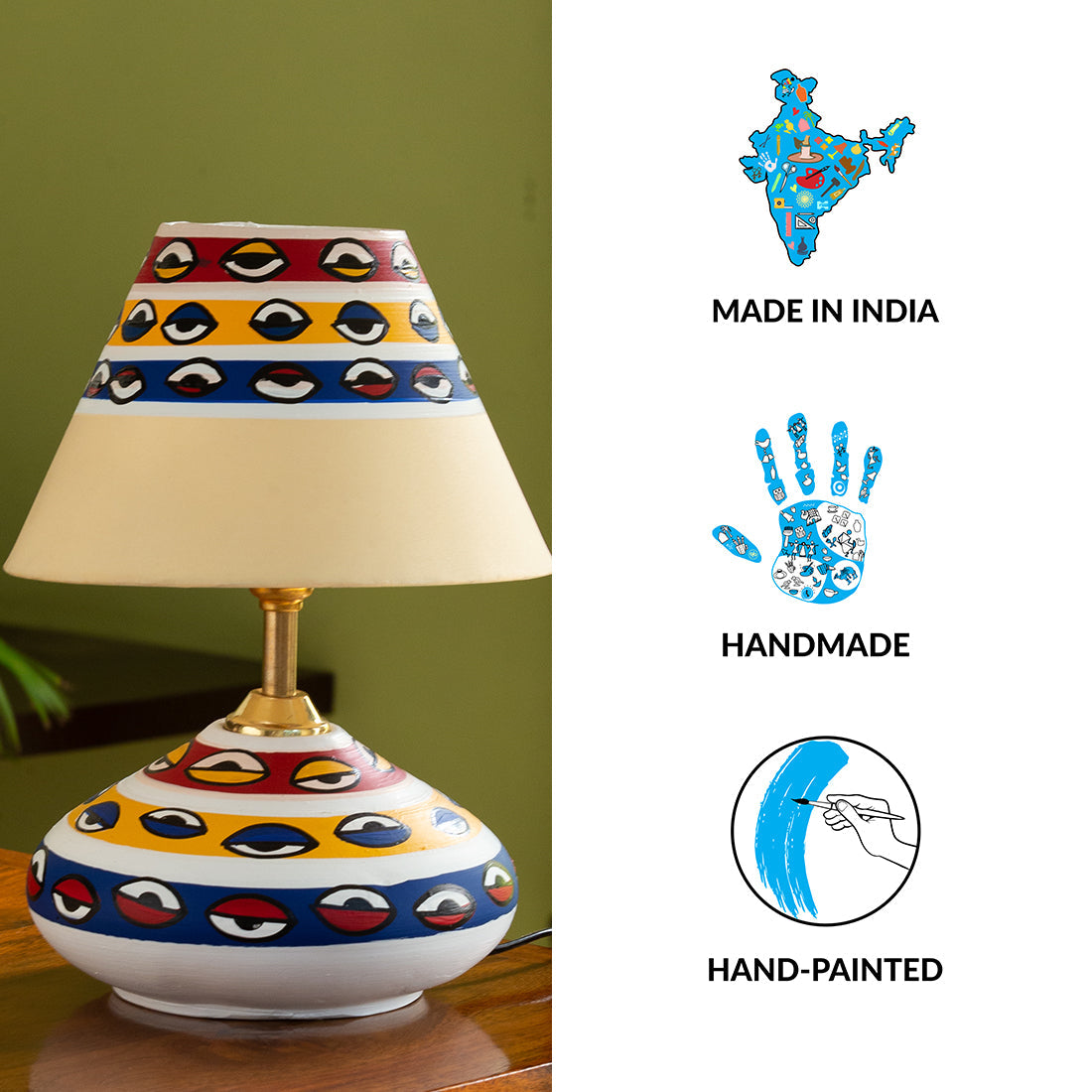 EXCLUSIVELANE 'The Eye of Horus' Handpainted Flat Matki Terracotta Table Lamp (11 inch) - view 7