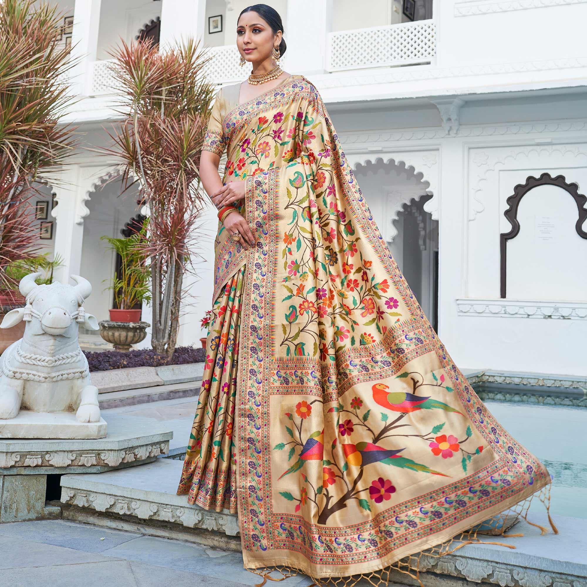 Peachmode Cream Festive Wear Woven Pure Paithani Silk Saree