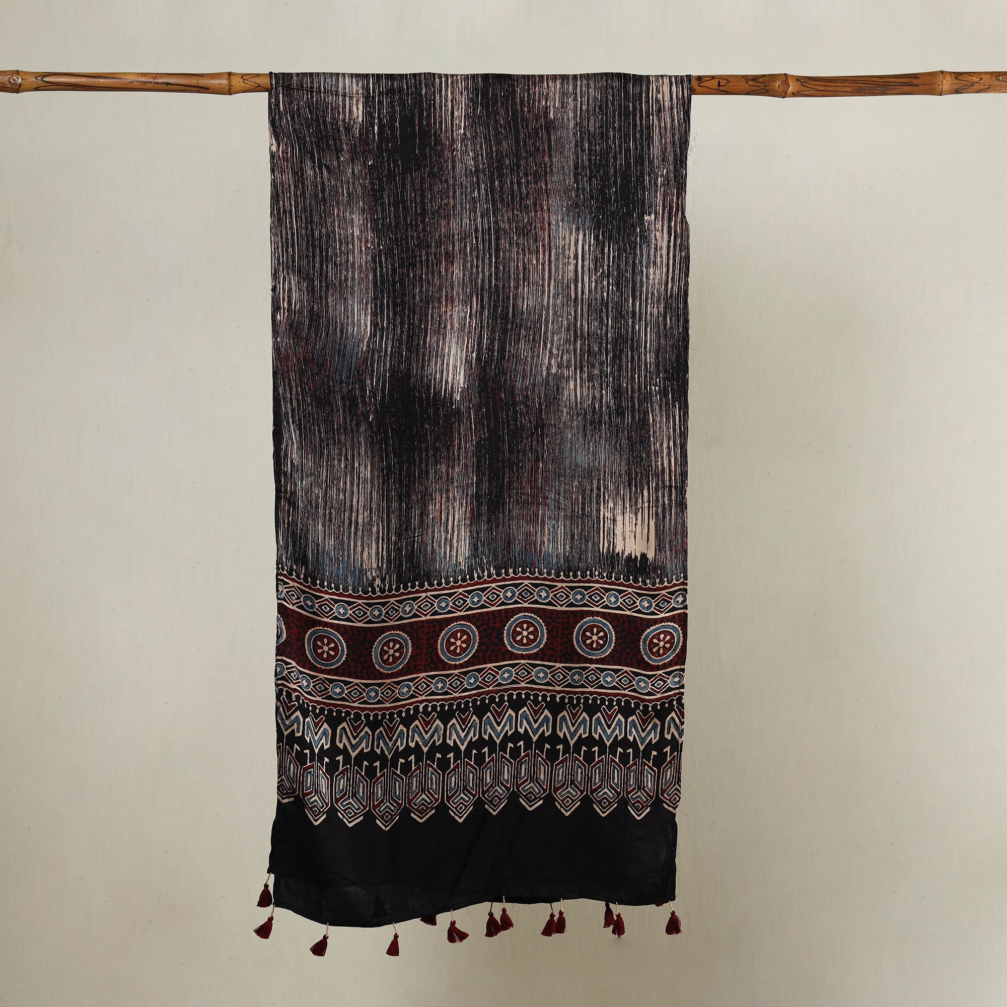 RIYAZ ABDULMAJID KHATRI - AJRAKH Black - Ajrakh Hand Block Printed Modal Silk Stole with Tassels - view 2