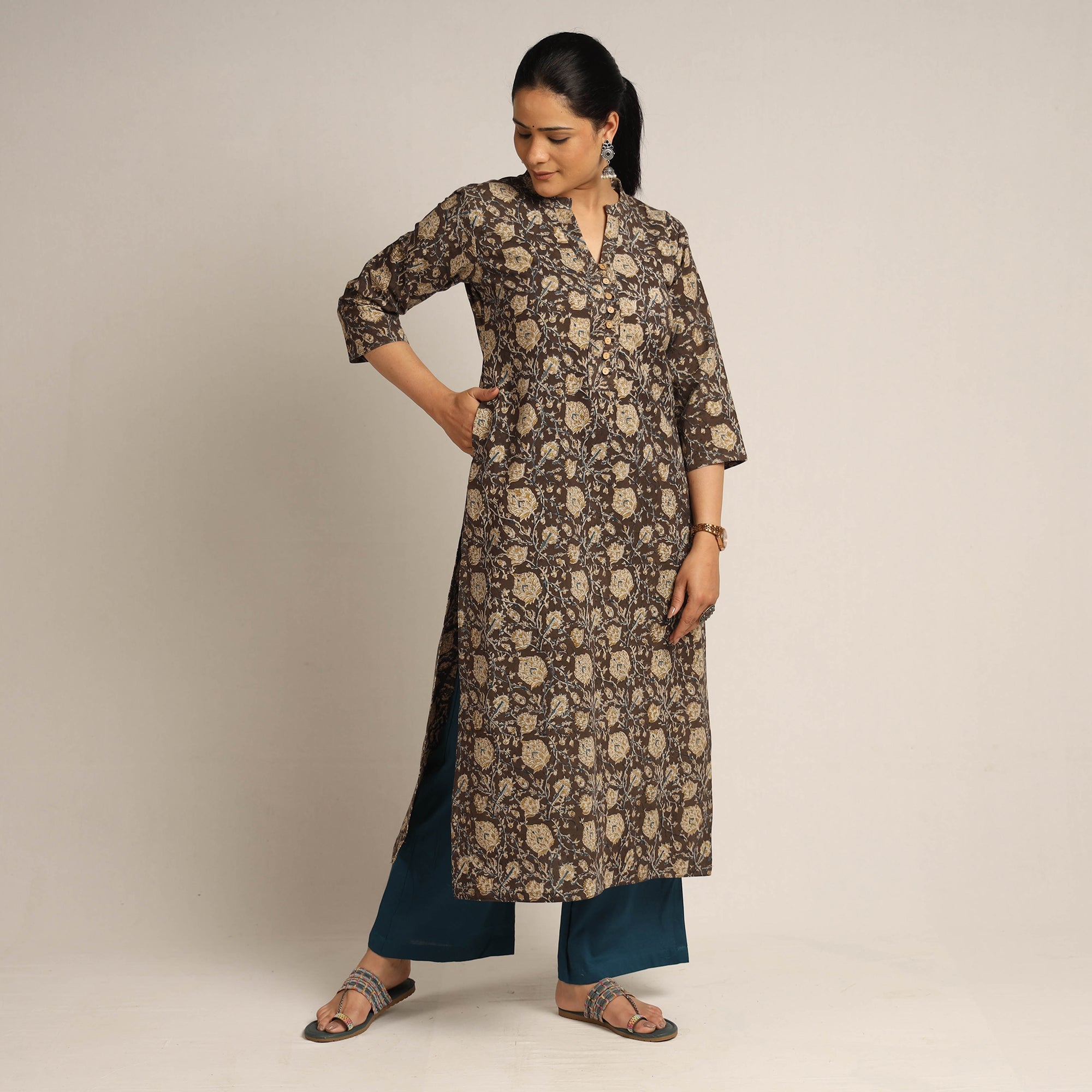 ITOKRI CASUALS Brown - Pedana Kalamkari Block Printed Cotton Kurta with Palazzo Set - view 2