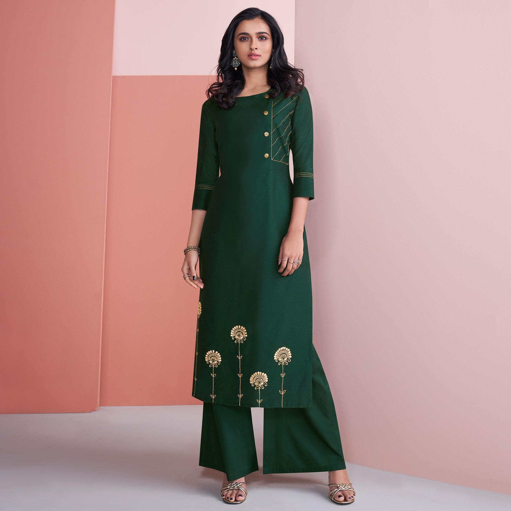 Peachmode Seller Majesty Green Colored Partywear Embroidered Pure Viscose Silk Palazzo Suit