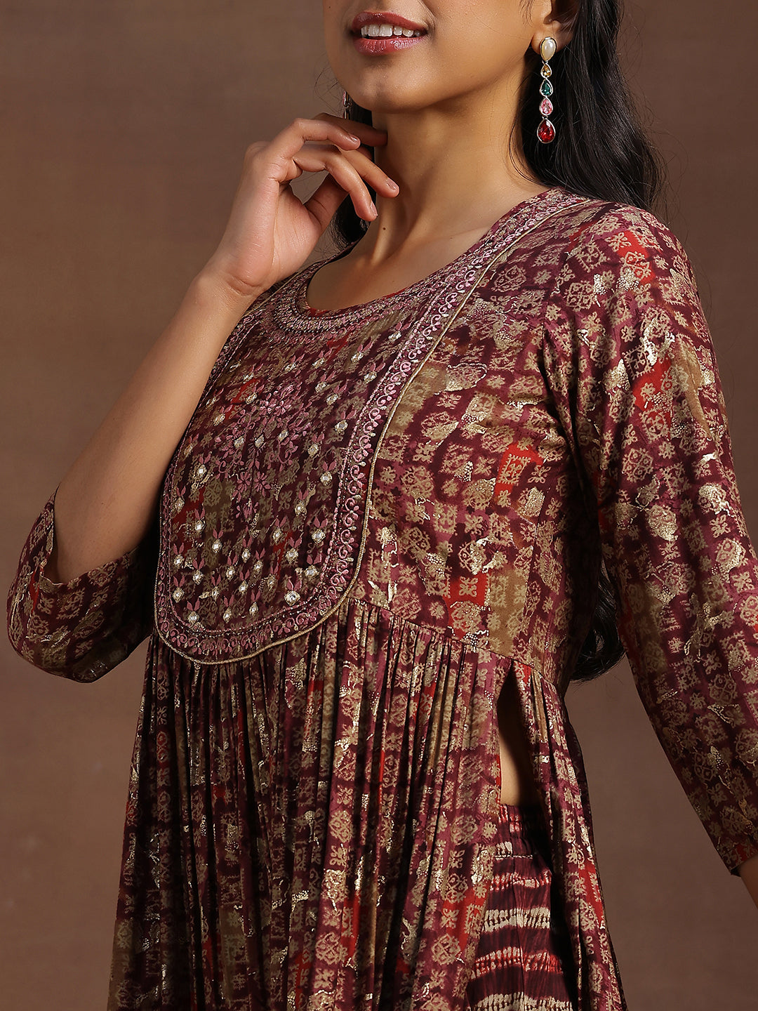 Libas Burgundy Printed Silk Blend A-Line Kurta With Trousers & Dupatta - view 5