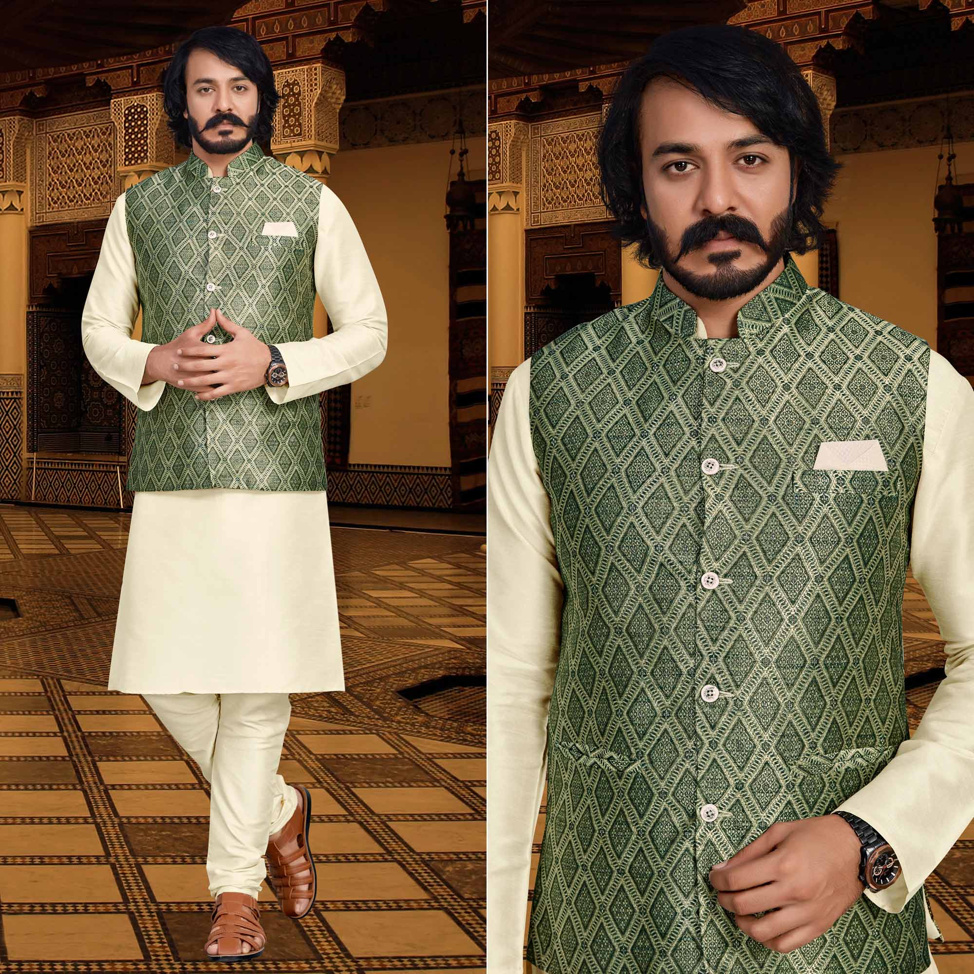 Peachmode Seller Cream Green Woven Art Silk Kurta Pyjama Set With Jacket