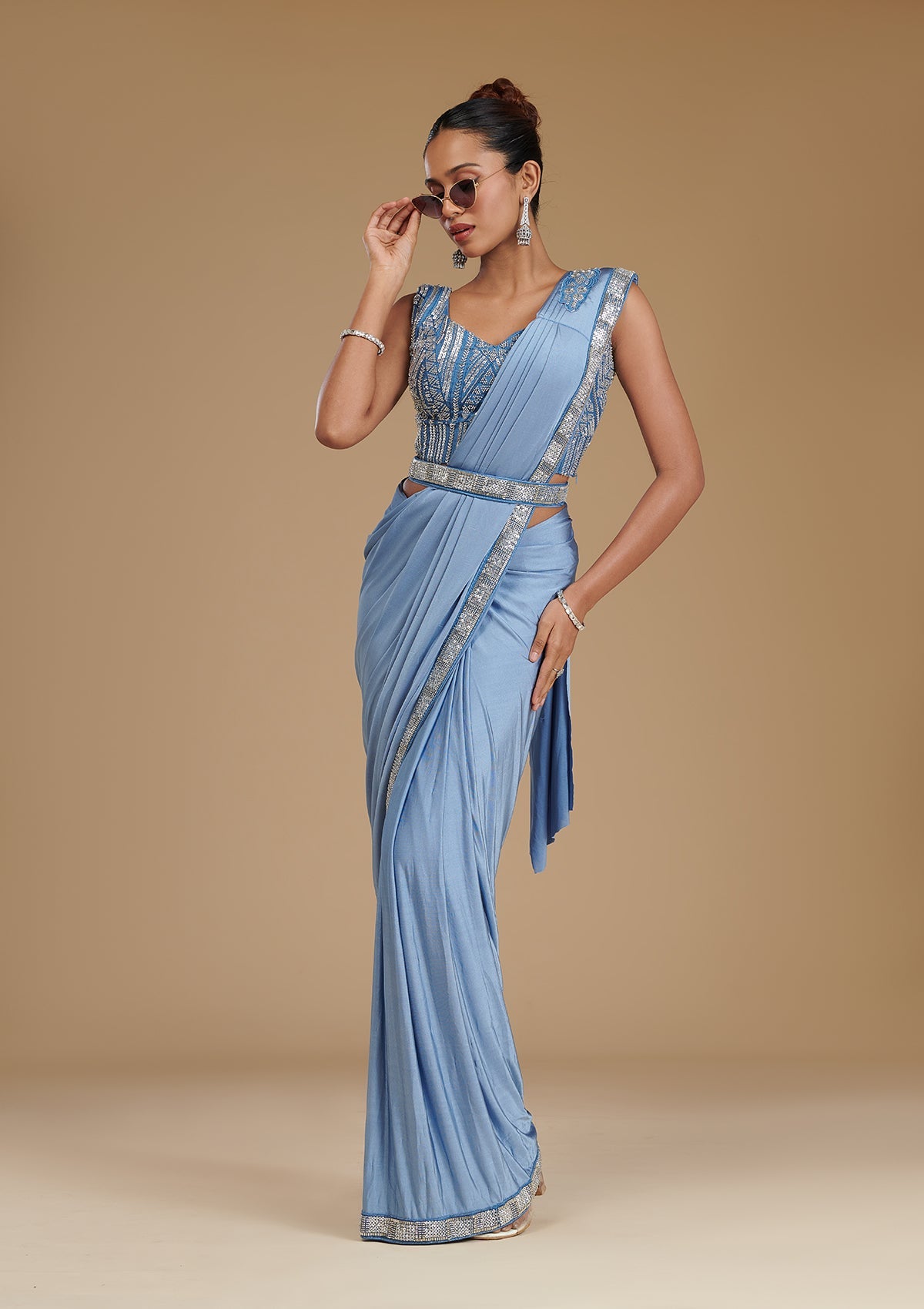 Koskii Grey Sequins Satin Readymade Saree – Women's - view 7