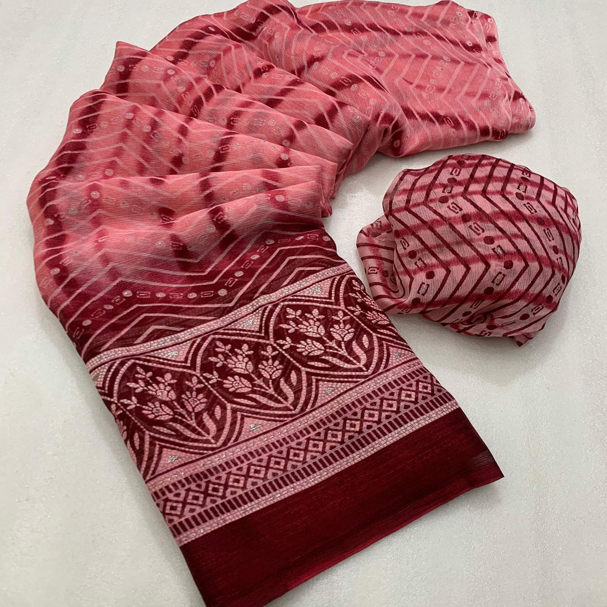 Peachmode Gajari Pink Shibori Foil Printed Chiffon Saree