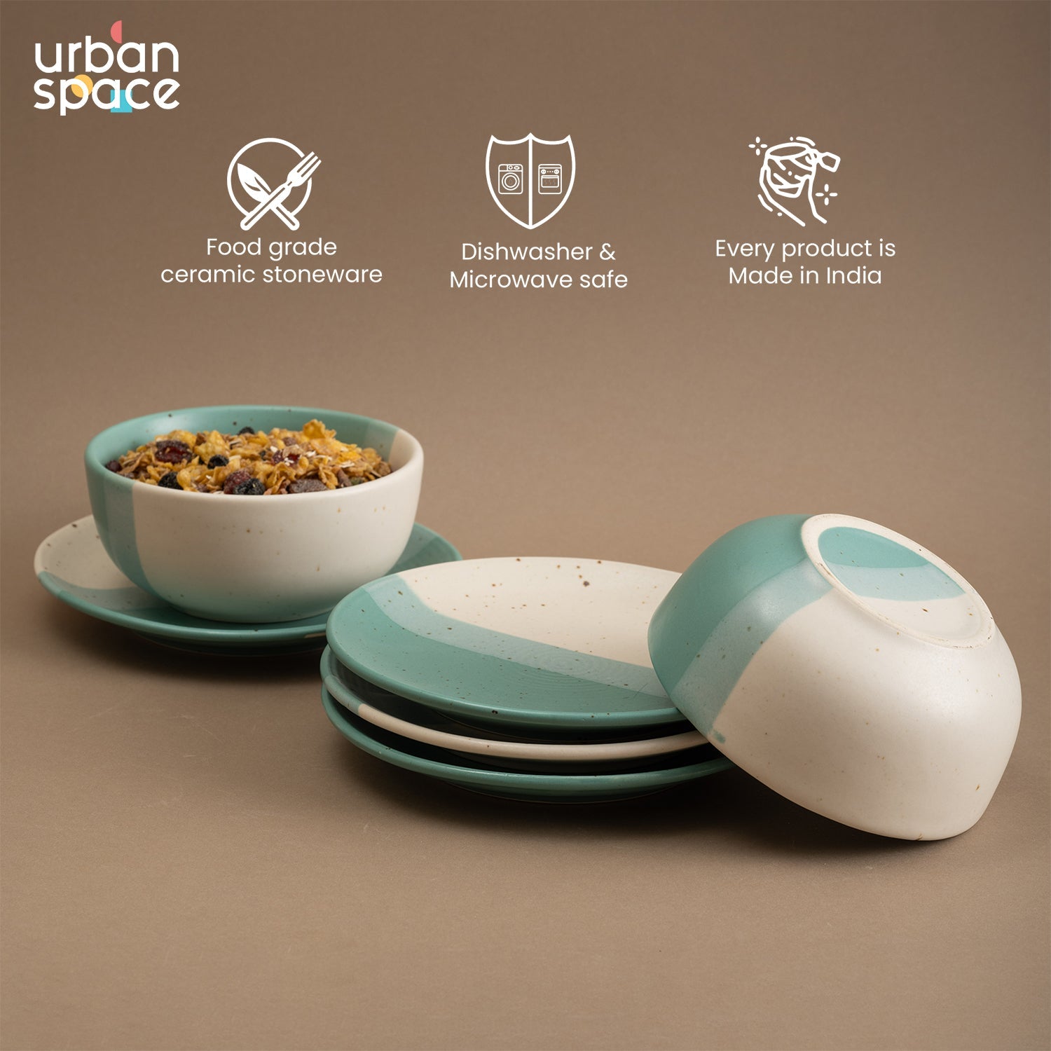 Urban Space Home Furnishing Handmade Ceramic Snack Platter, set of 2 serving bowls and 4 Quarter plates for house parties, Set of 6, Green Pearl - view 2
