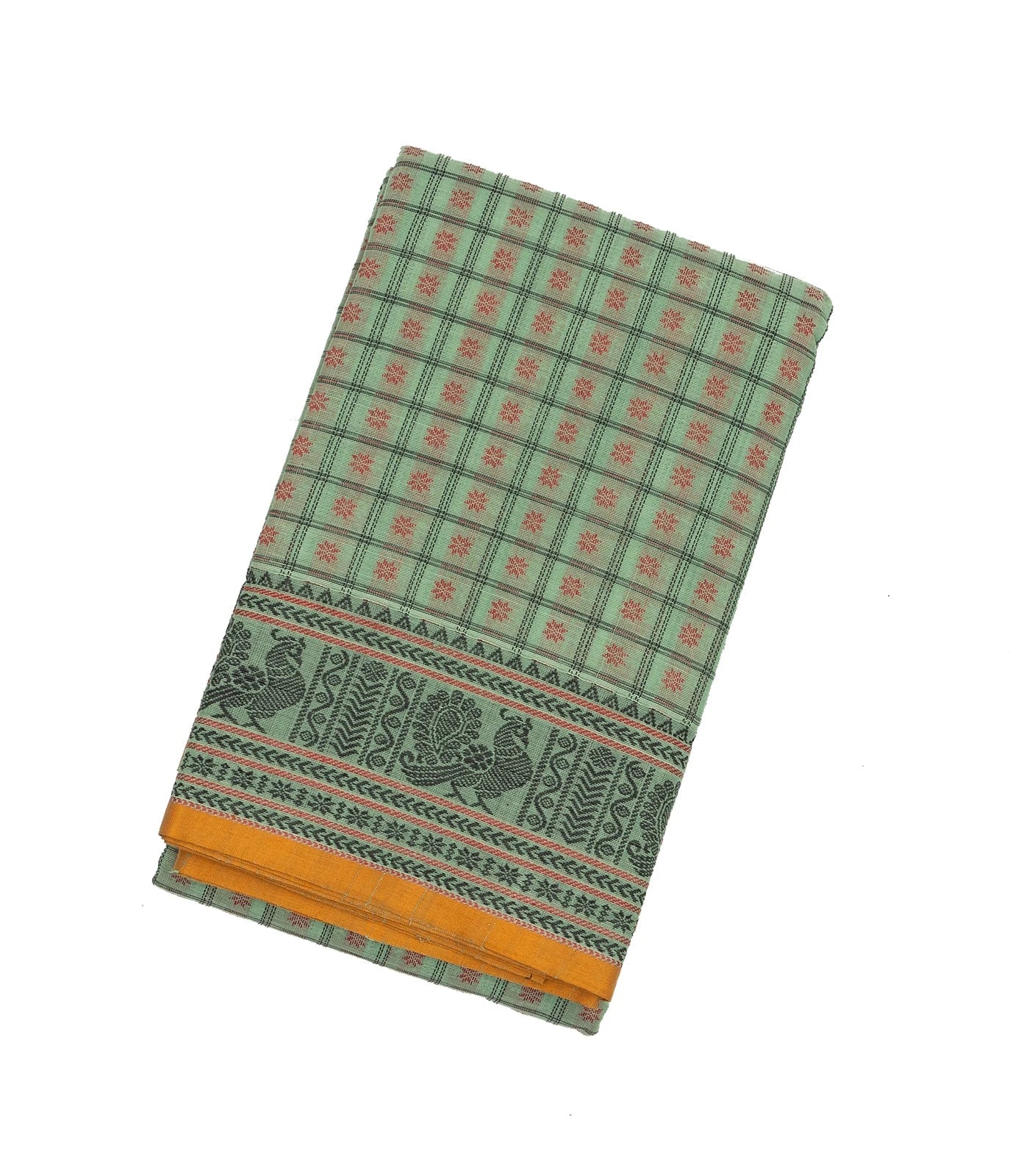 RmKV Shadow Green Handloom Kanchi Cotton Saree With Checks & Star Motifs