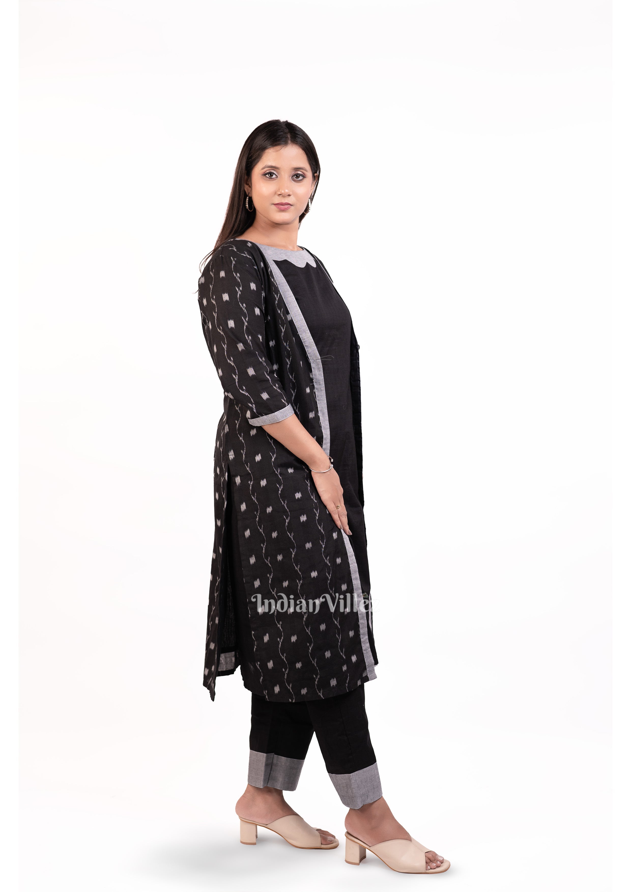 IndianVillèz Deep Black Sambalpuri Odisha Ikat Designer Cotton Kurti Set for Women