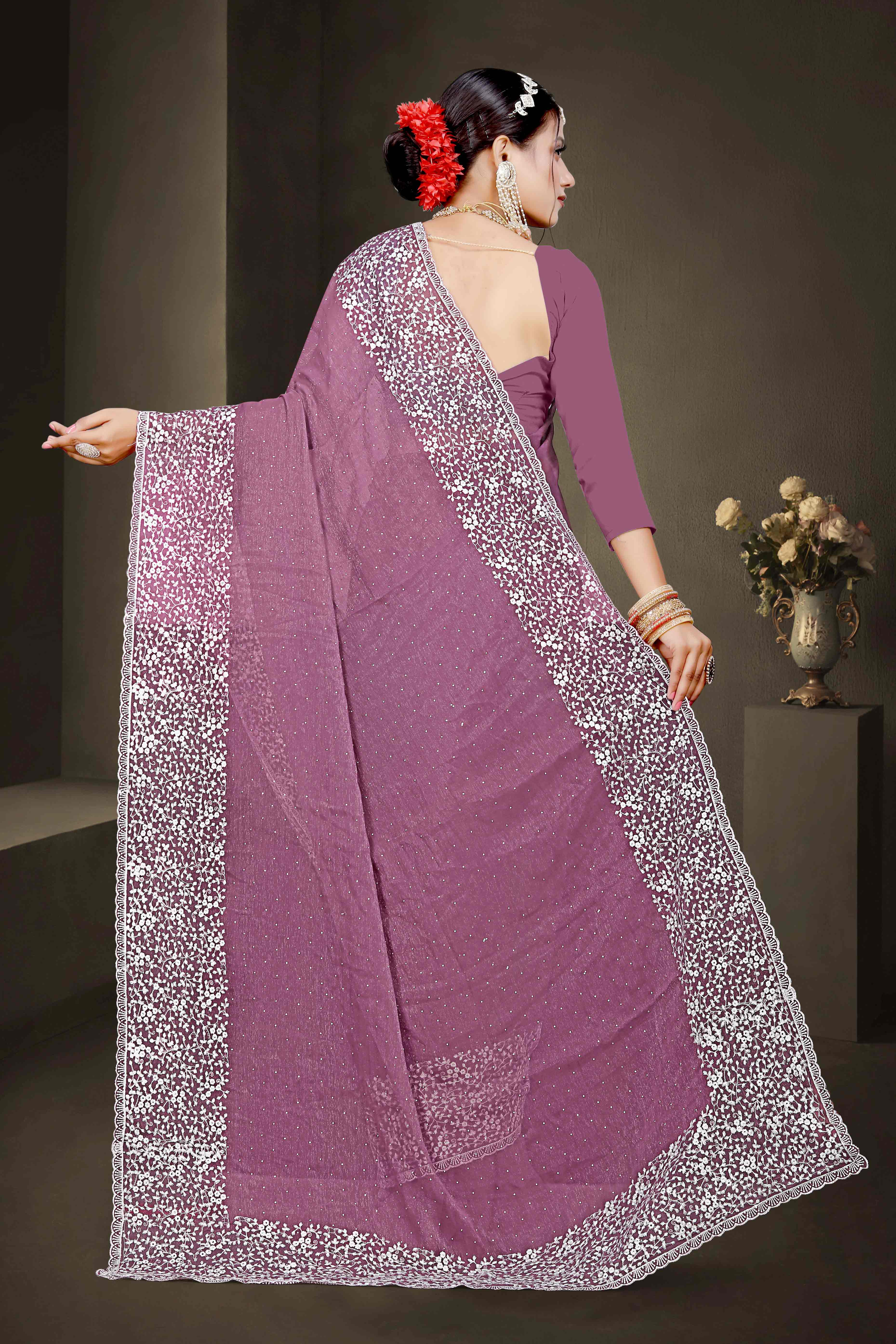Peachmode Mauve Floral Embroidery With Stonework Chiffon Shimmer Saree - view 5