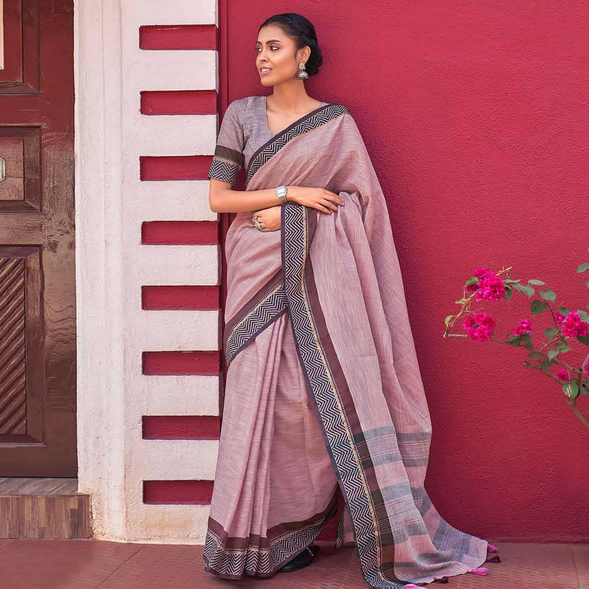 Peachmode Mauve Casual Wear Solid Linen Saree