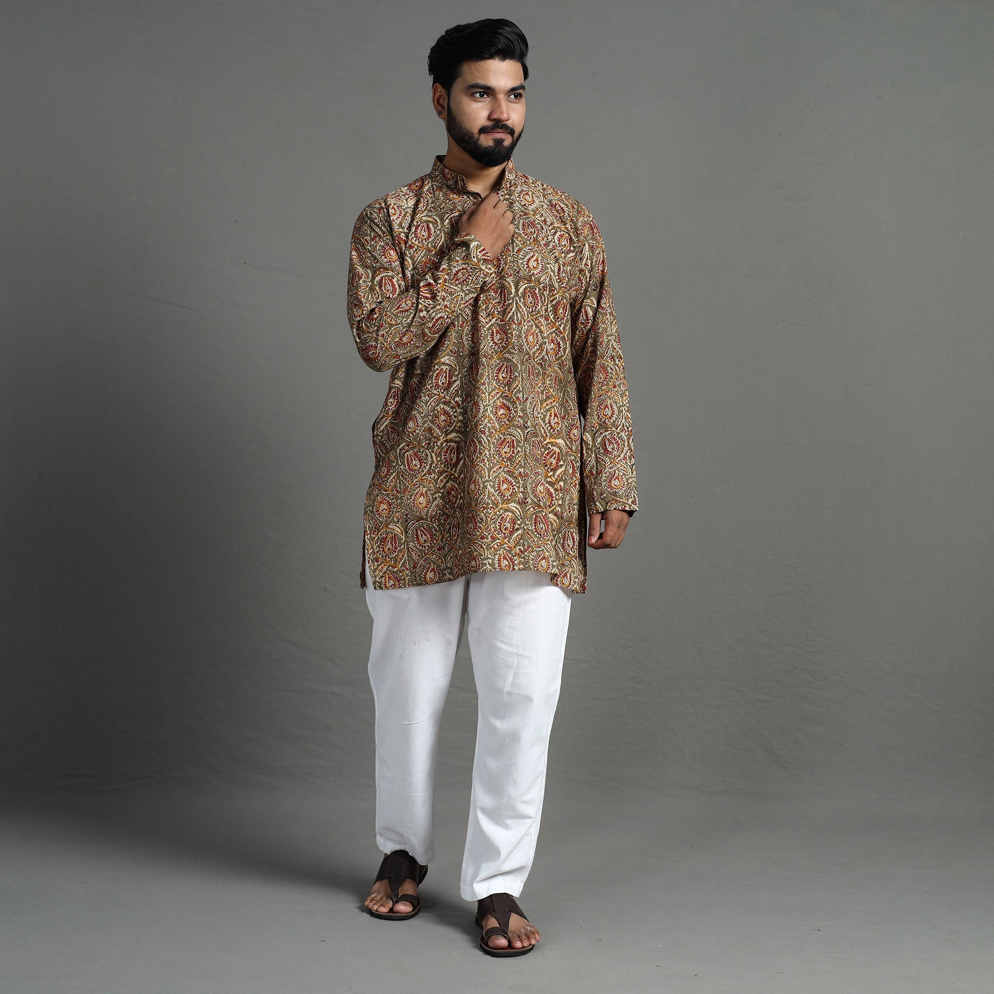 ITOKRI CASUALS Brown - Kalamkari Block Printed Cotton Men Short Kurta